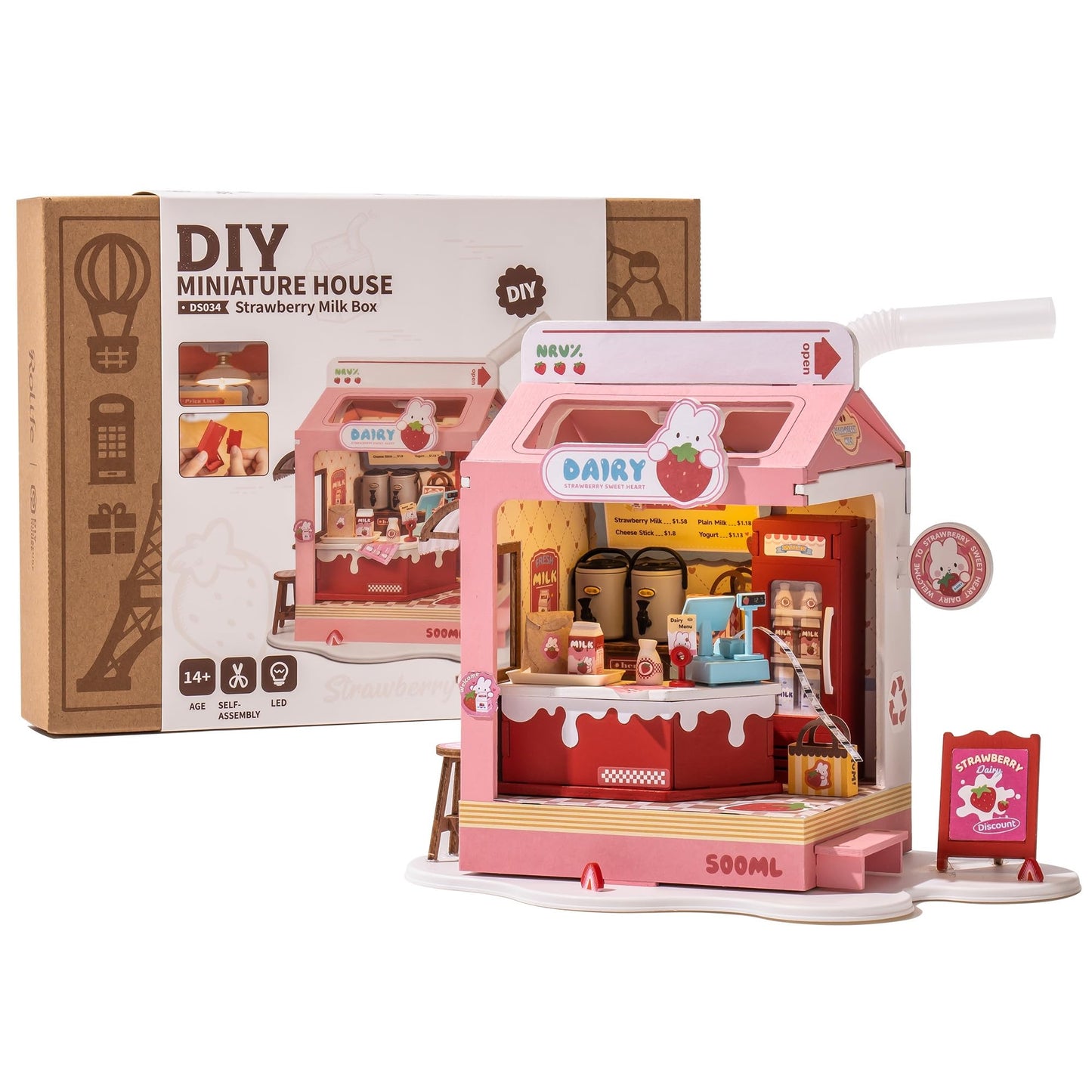 Wowood Strawberry Milkbox DIY Miniature Kit – Mini House Build for Miniverse Lifestyle Bookshelf Decor (14+)