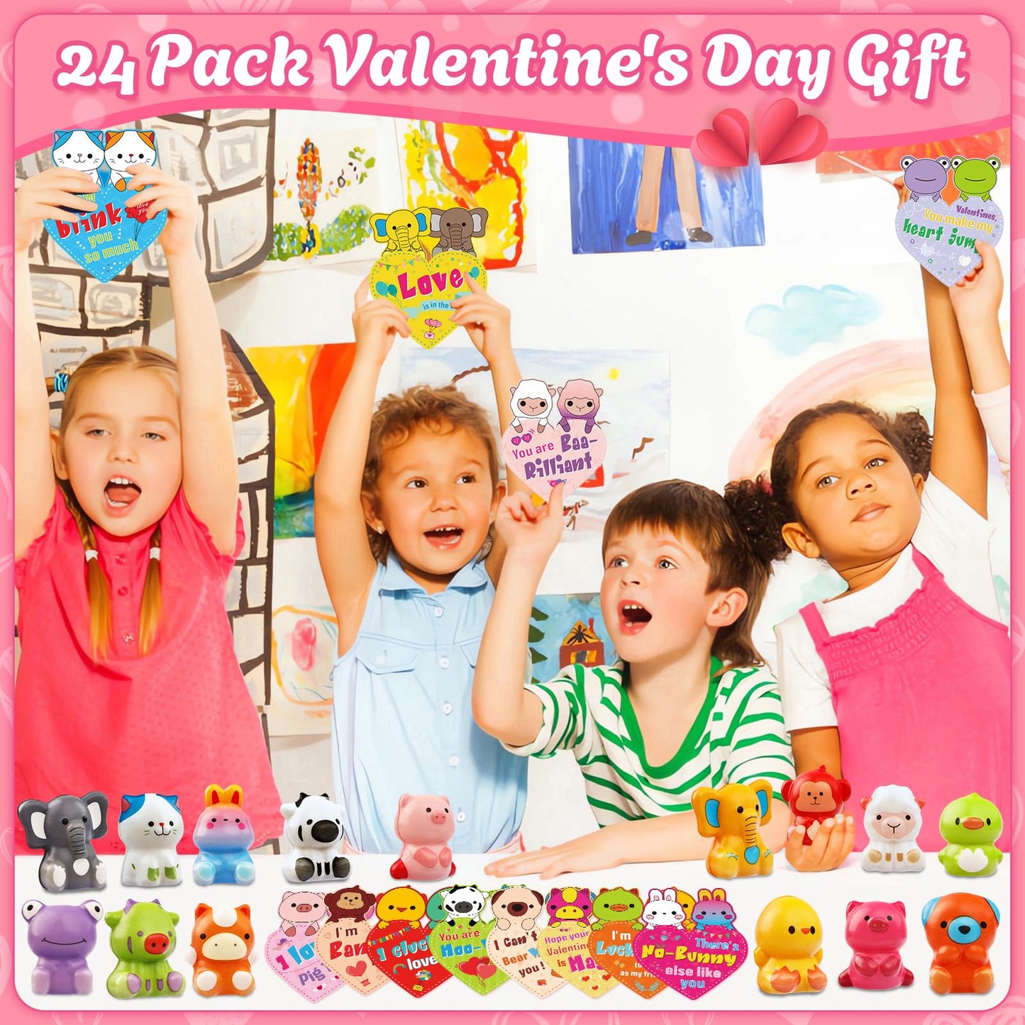 WOWSCAN 24-Pack Valentines Day Kids Animal Squishy Toys with Cards – Classroom Party Favors