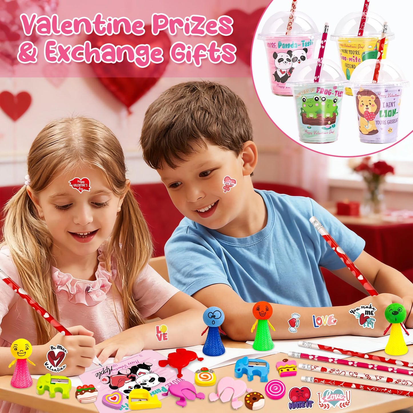 WOWSCAN Valentines Day Classroom Gift Set — 24-Piece Stationery Gift for School (Cards, Cups, Pencils & More)