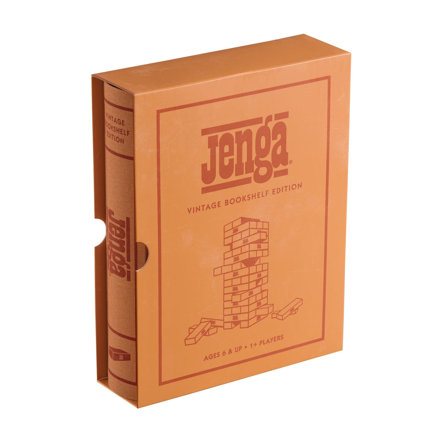 WS Game Company Jenga Vintage Bookshelf Edition – Linen Wrapped Box, 54 Hardwood Blocks