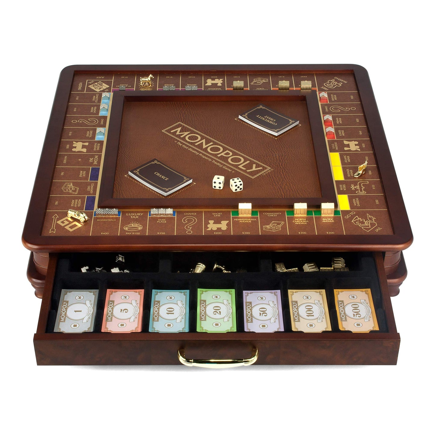 Monopoly Luxury Edition by WS Game Company — Burl Wood Cabinet, Gold Foil Stamped Game Board, Faux Leather Rolling Area, and 2 Storage Drawers