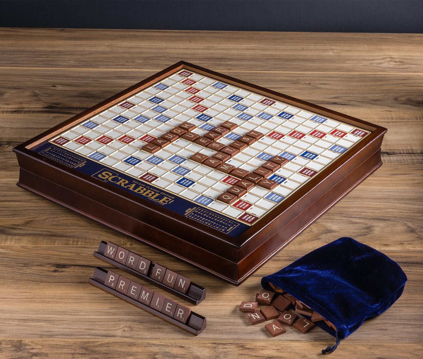 WS Game Company Scrabble Deluxe Edition — Rotating Board, Raised Grid & Hidden Storage (2-4 Players, Ages 8+)
