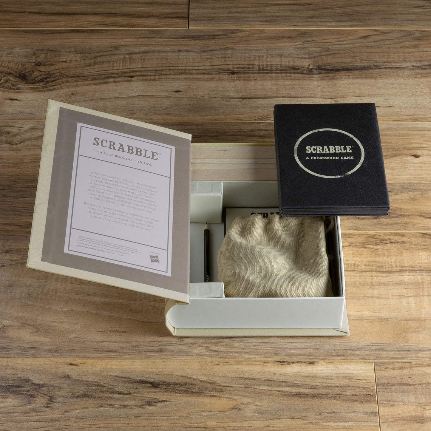 WS Game Company Scrabble Vintage Bookshelf Edition – Linen Book Case with Solid Wood Tiles