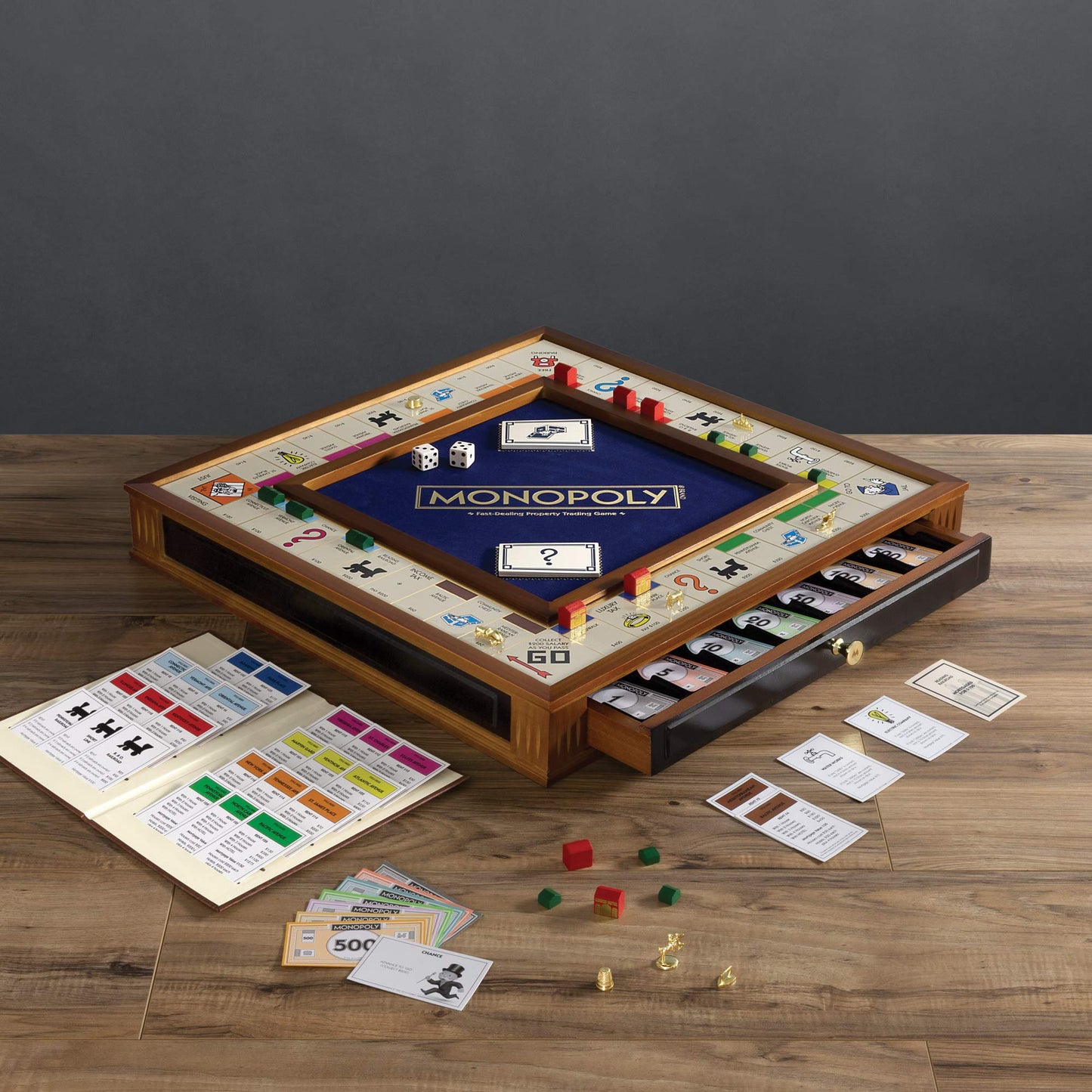 Monopoly Trophy Edition by WS Game Company — Premium 2-Tone Wood Cabinet & Gold Tokens