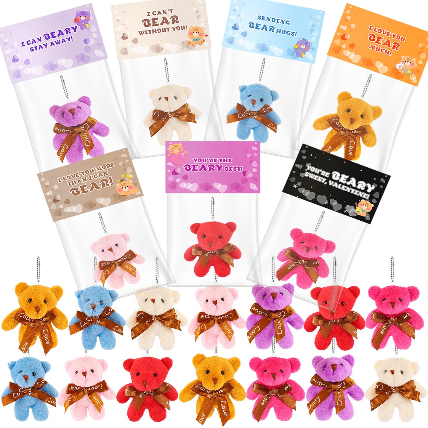 Wsorik 28-Pack Valentine Cards for Kids with Mini Plush Bear Keychains | Classroom Valentines Gifts