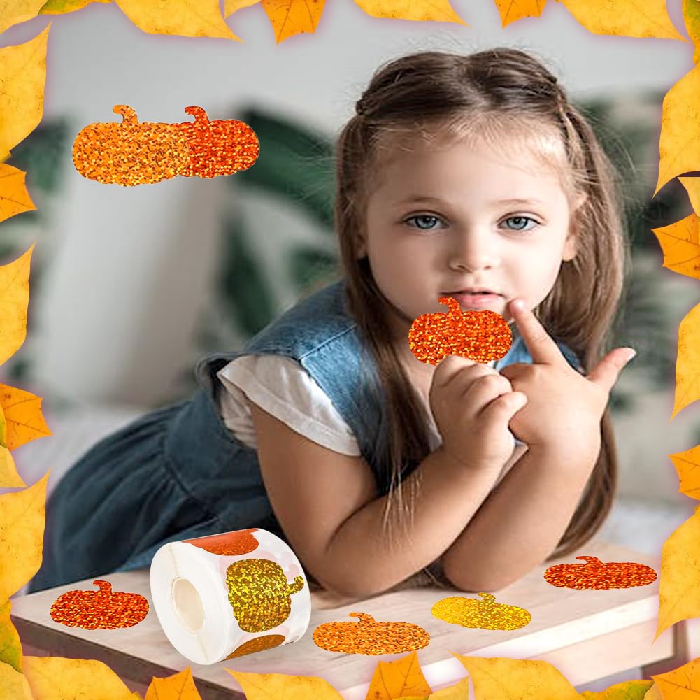 Wuhetyo 500Pcs Fall Thanksgiving Pumpkin Stickers Roll – Glitter 1in, Self-Adhesive Decor
