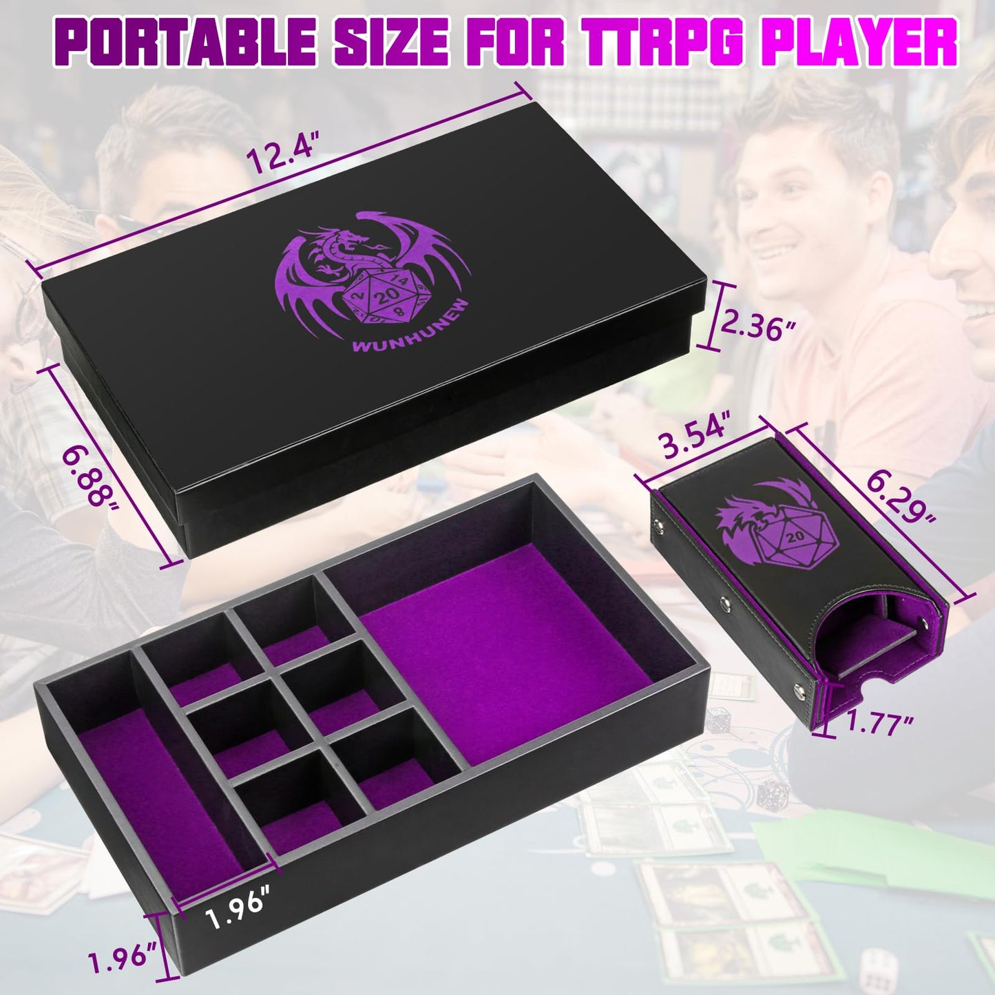 Wunhunew DND Dice Tray & Tower Storage Box – 4 in 1 Dice Holder for D&D, MTG & RPGs