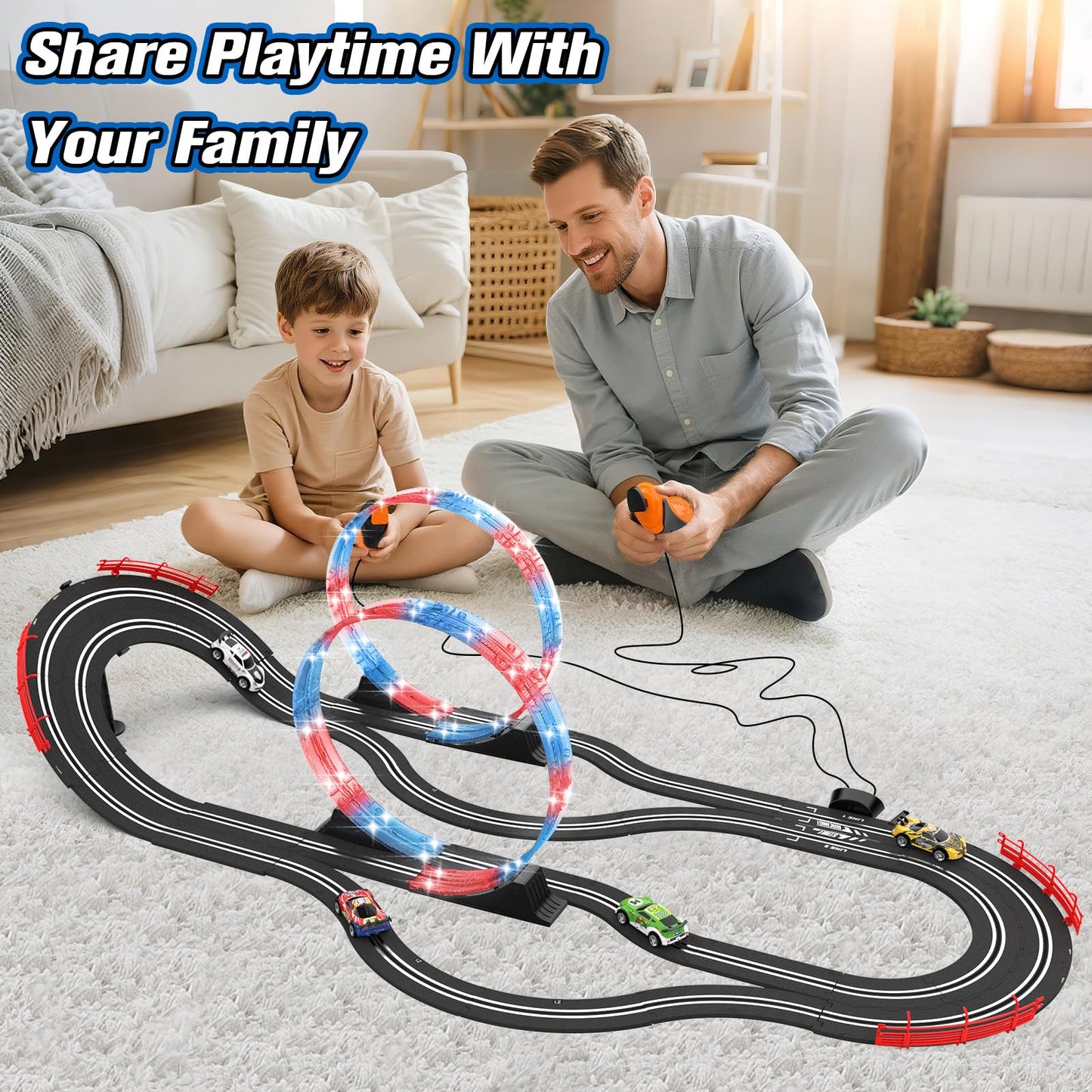 Wupuaait 2-in-1 Slot Car Track Set – 4 Cars, Dual Lanes, LED Flash, Overpass