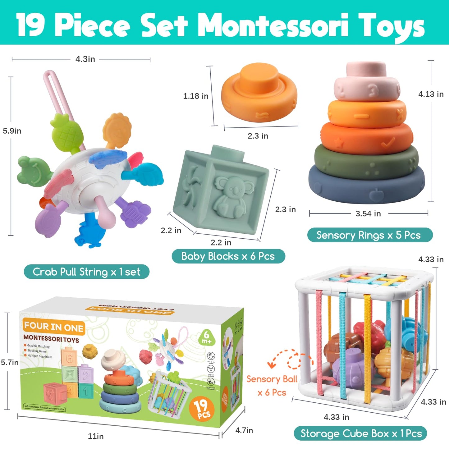 Wuzhineisn Montessori 4-in-1 Baby Toys Set for 6–18 Months – Teether, Blocks, Rings & Bath Cube