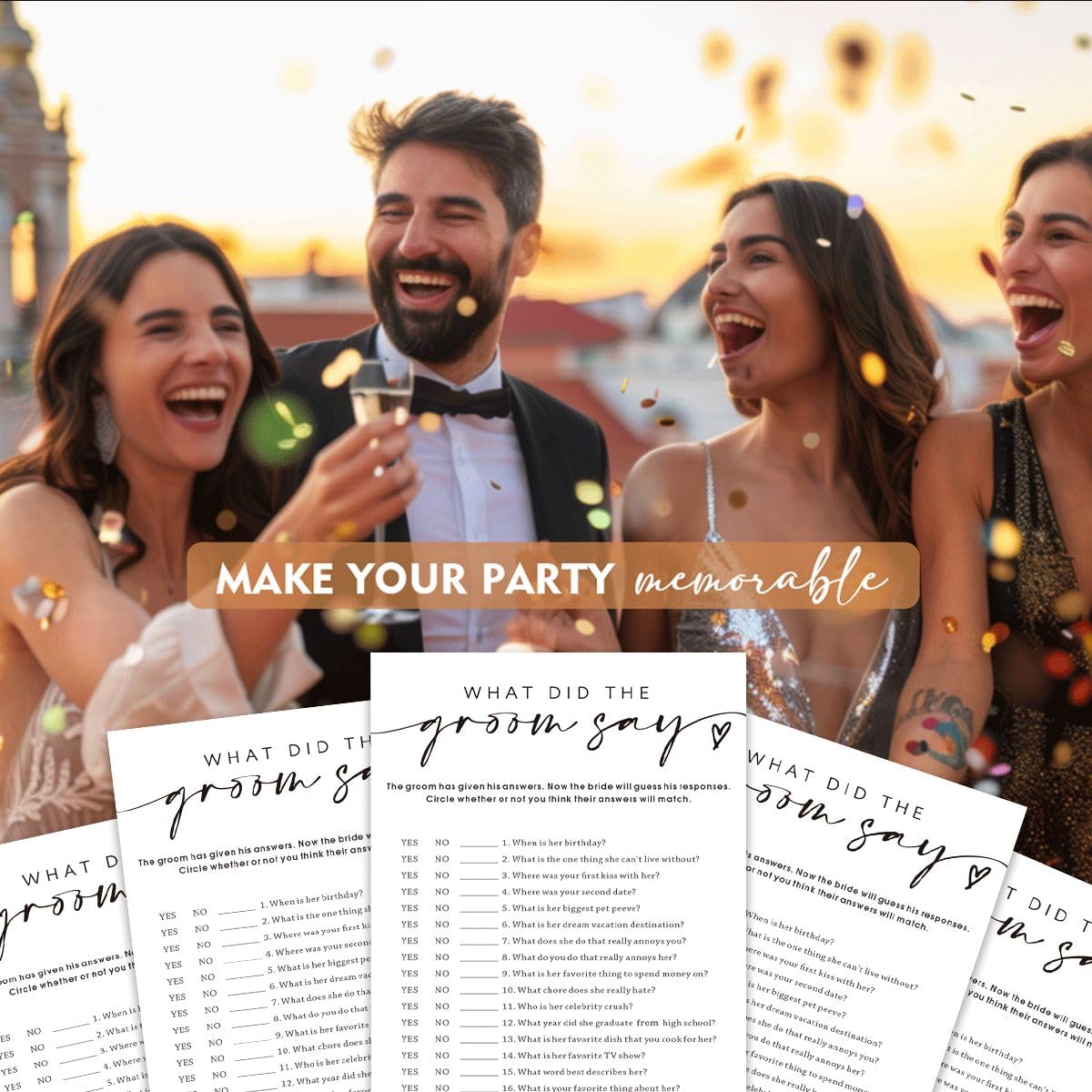Wybgno Wedding Shower Games Cards – What Did the Groom Say, 25-Card Pack | Minimalist White