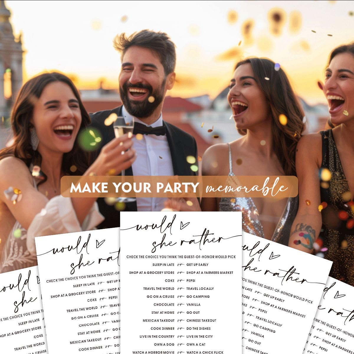 Wybgno Wedding Shower Games Cards – Would She Rather Bridal Shower for 25 Guests | Minimalist White