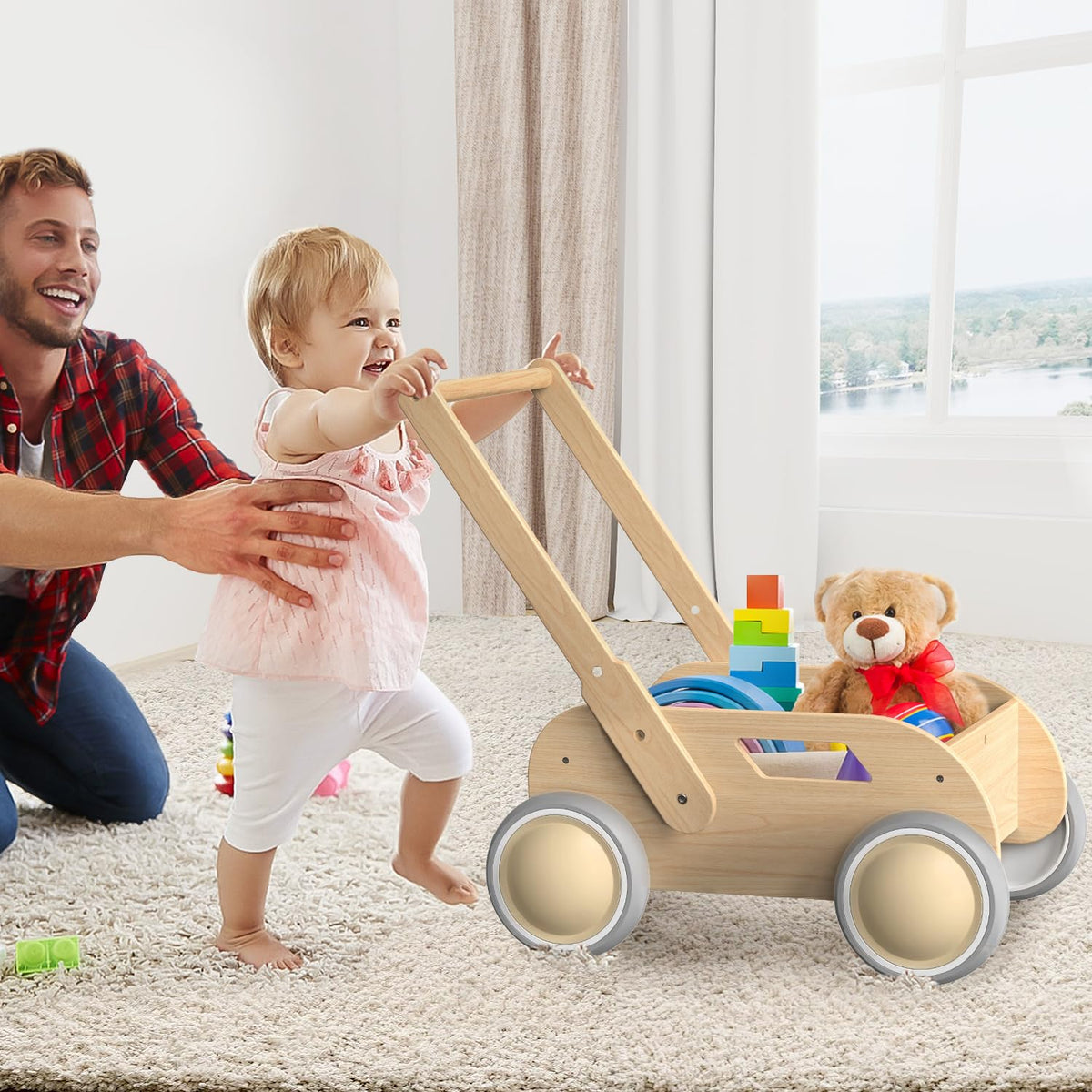 WyfKyd Wooden Baby Walker – Adjustable, Anti-Tipping Push & Pull Toy for Babies to Toddlers