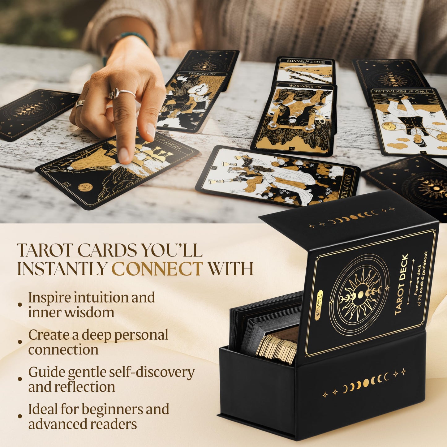 Wyspell Gold Tarot Cards with Guide Book – 78-card Beginner Deck with Gold Foil & Gilded Edges