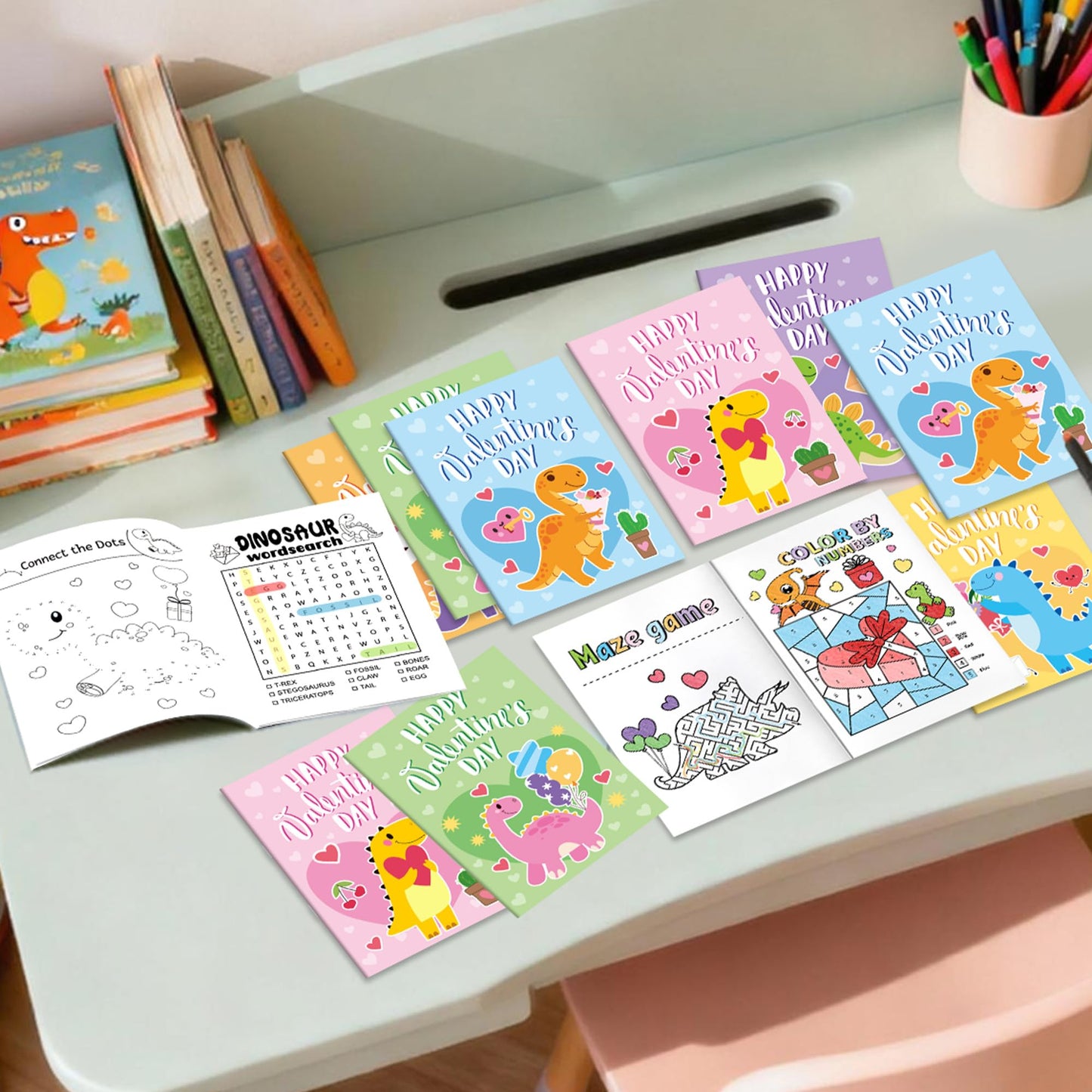 X1zuue Valentine’s Day Dinosaur Activity Books — 24 Mini Puzzles for Classrooms & Party Favors