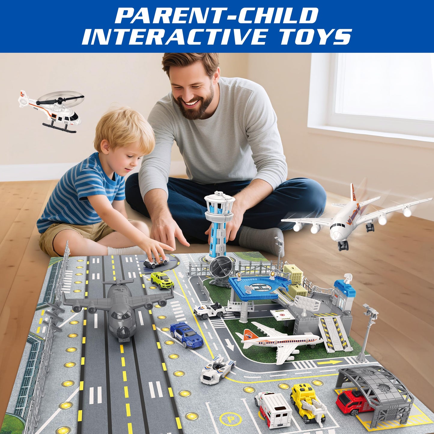 XDUOYJOY Airplane Toy Set with Trucks, Helicopter, Planes & Playmat – Airport Aviation Toys for Boys & Girls