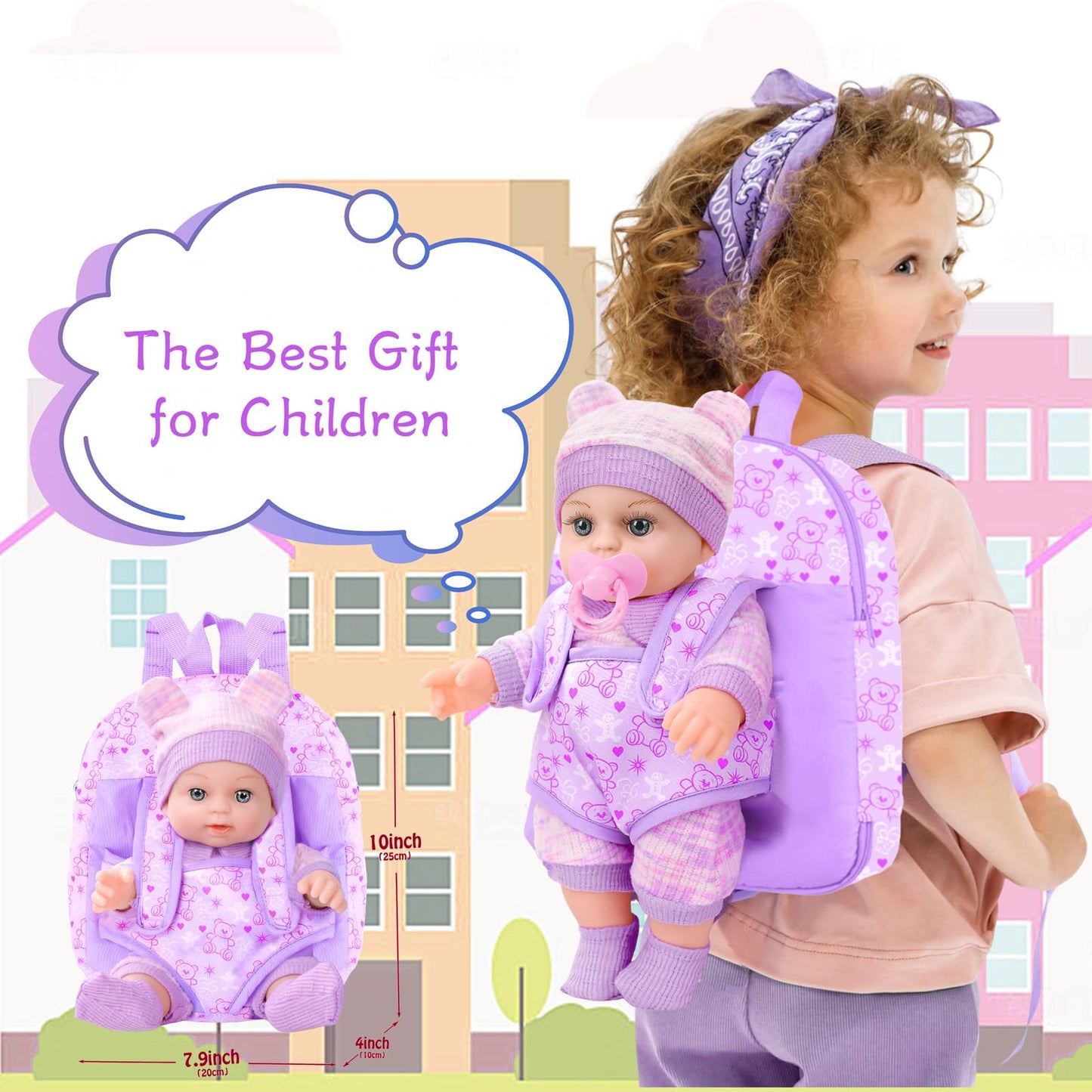 XFEYUE 12'' Baby Doll with Bear Backpack – Gift Box Set for 3+ Years Girls