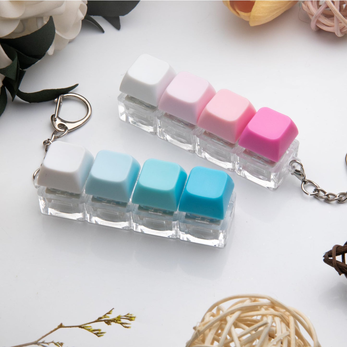 XiawaLangzhuo 2 Pcs Keyboard Fidget Toy – 4-in-1 Button Keychain for Stress Relief (Blue & Pink)