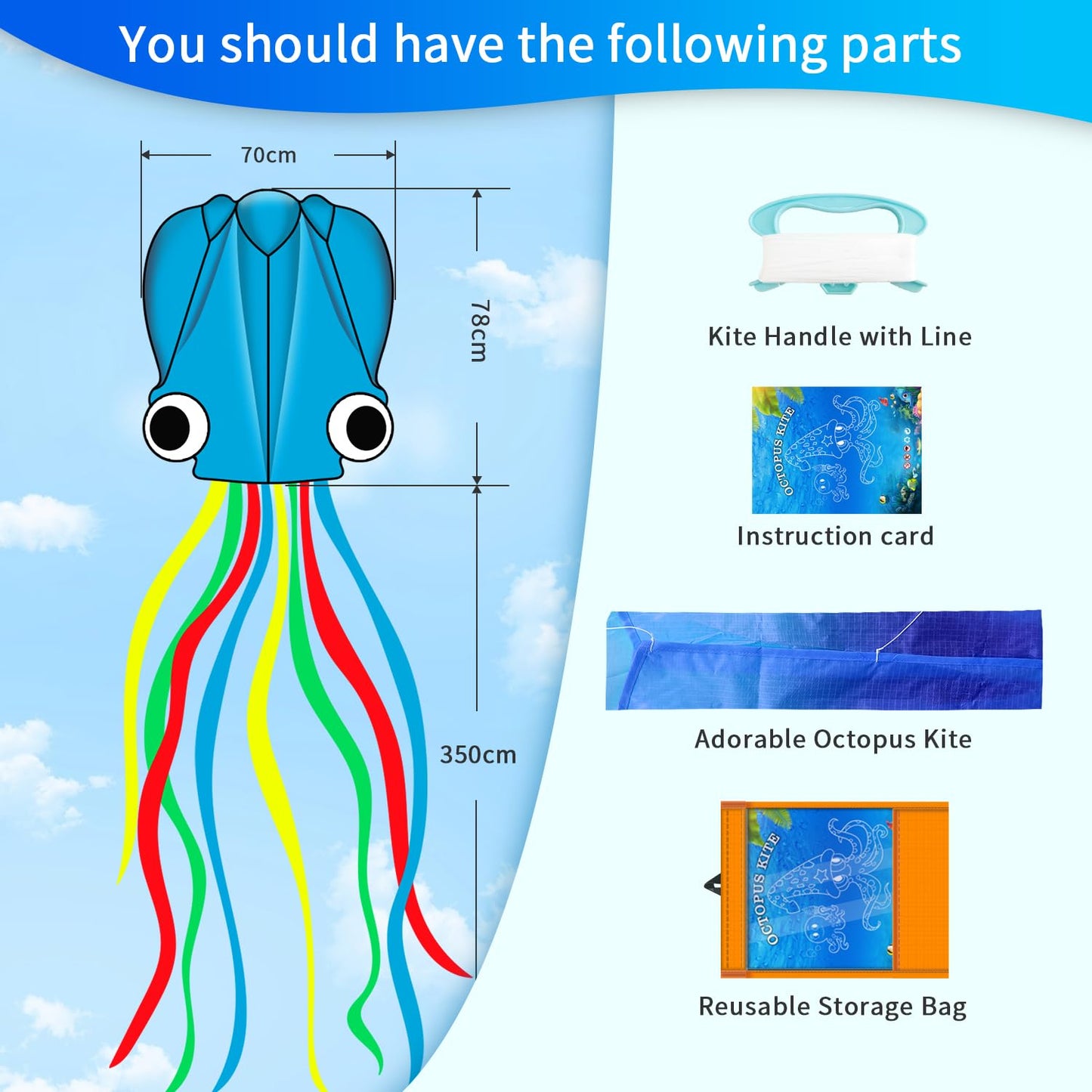 Xida Octopus Kite for Adults and Kids | Easy Fly Beach Kite with Line and Handle