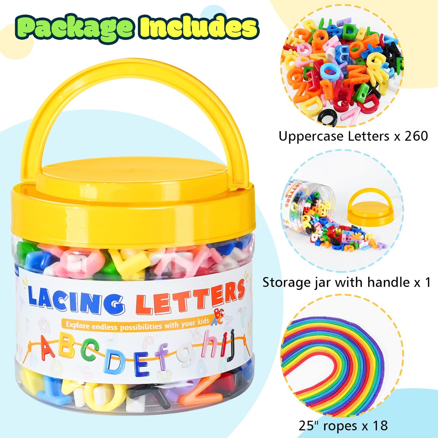 XINHUIDALSQ 278 Pcs Lacing Letters Beads – Alphabet Beads Set with 10-Color Beads & 18 Laces for Preschool & Back-to-School