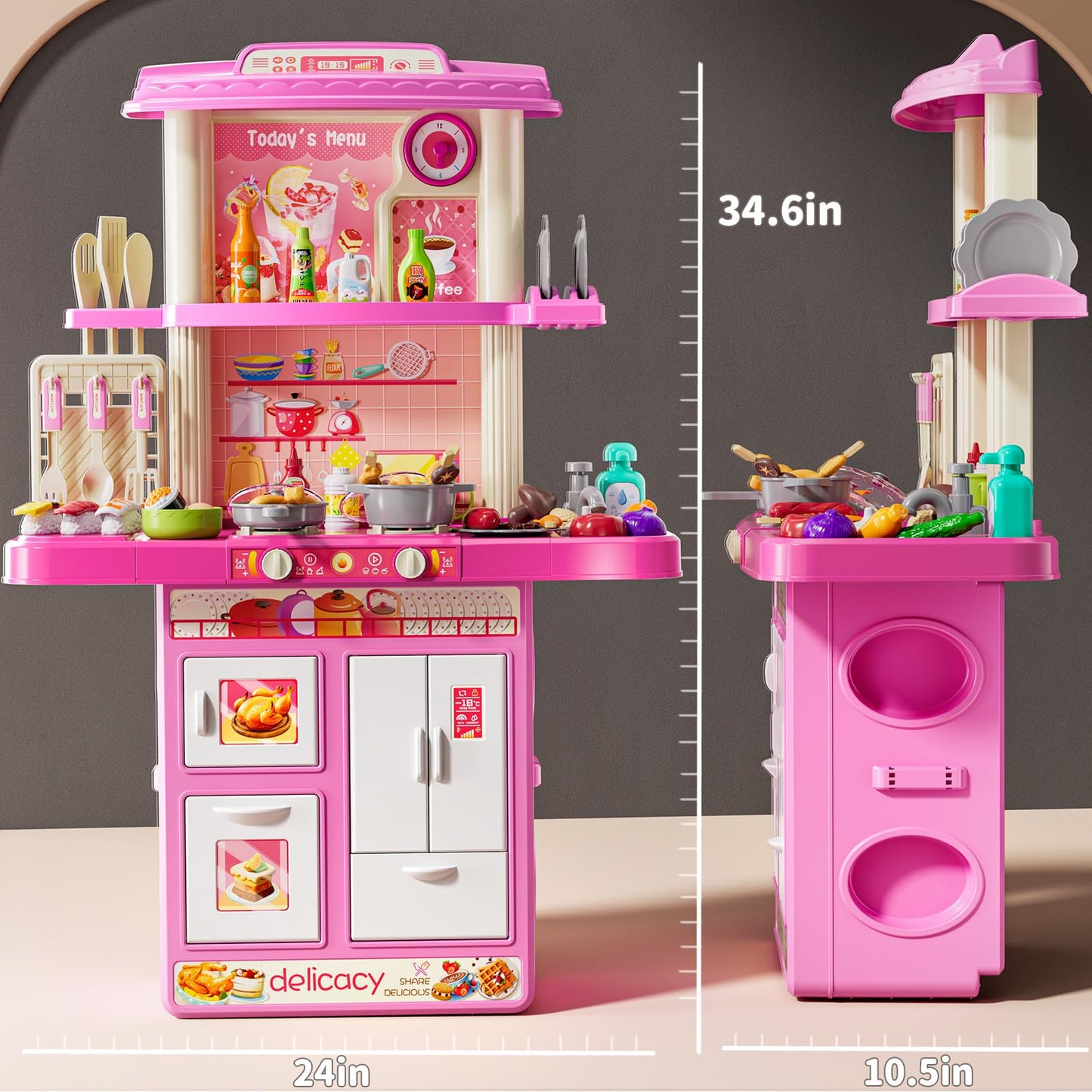 XINNOVEL Kids Play Kitchen Set — 2-Player Pink Kitchen with Sound & Light, 46-Piece Food & Accessories