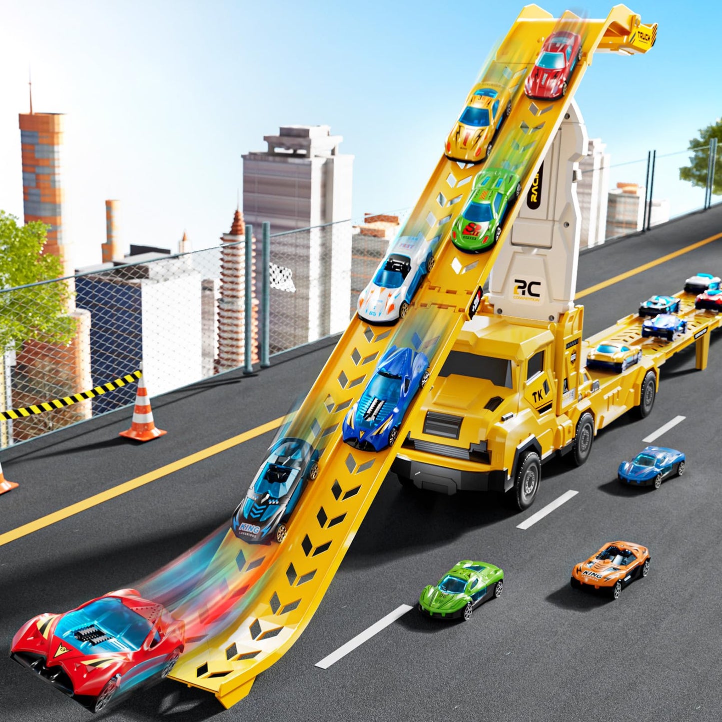 XINNOVEL Toddler Transporter Truck Toy Set – 12 Die-Cast Cars & Dual Track for Ages 3–8