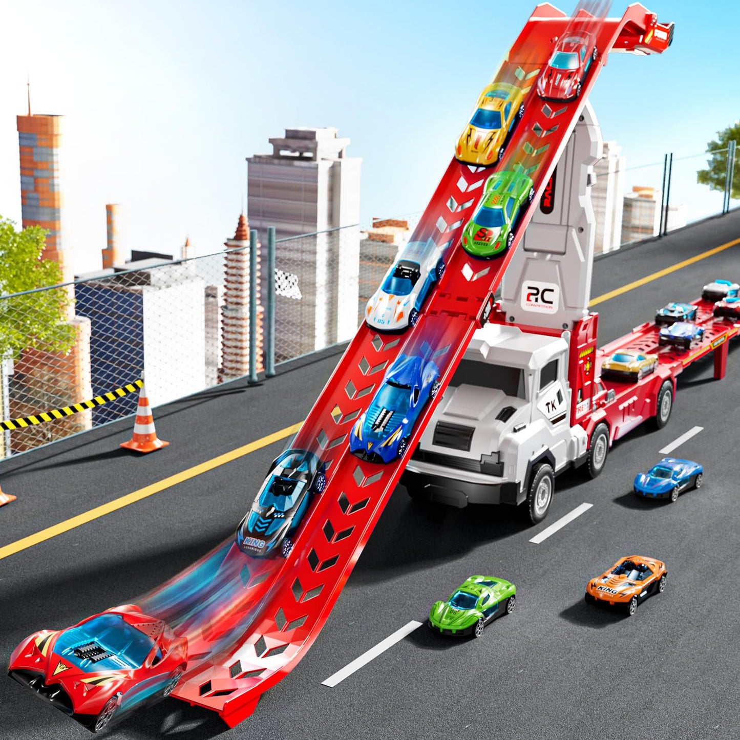 XINNOVEL Transporter Truck Toy Set with 12 Die-Cast Cars | Foldable 2-Track Race for Ages 3-8