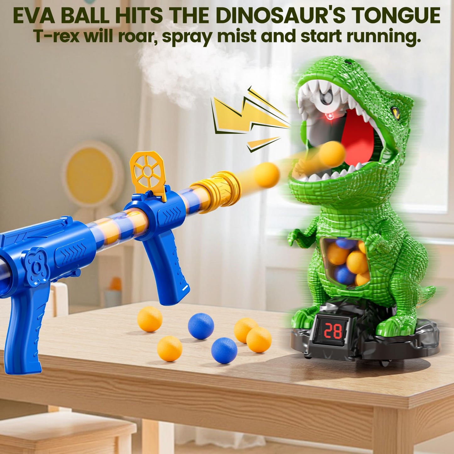 XINNOVEL Movable Dinosaur Shooting Game – Indoor/Outdoor Target Toy with 2 Foam Gun Launchers and LCD Score