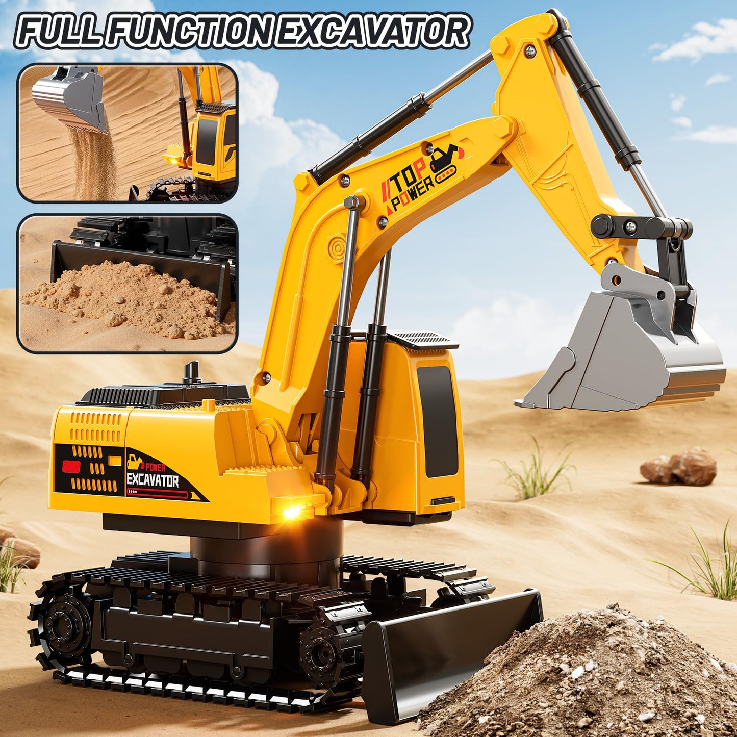 XINNOVEL 11CH RC Excavator Toy – 2.4GHz Sand Digger with Lights & Sounds, Indoor/Outdoor Gift for Boys 3-12