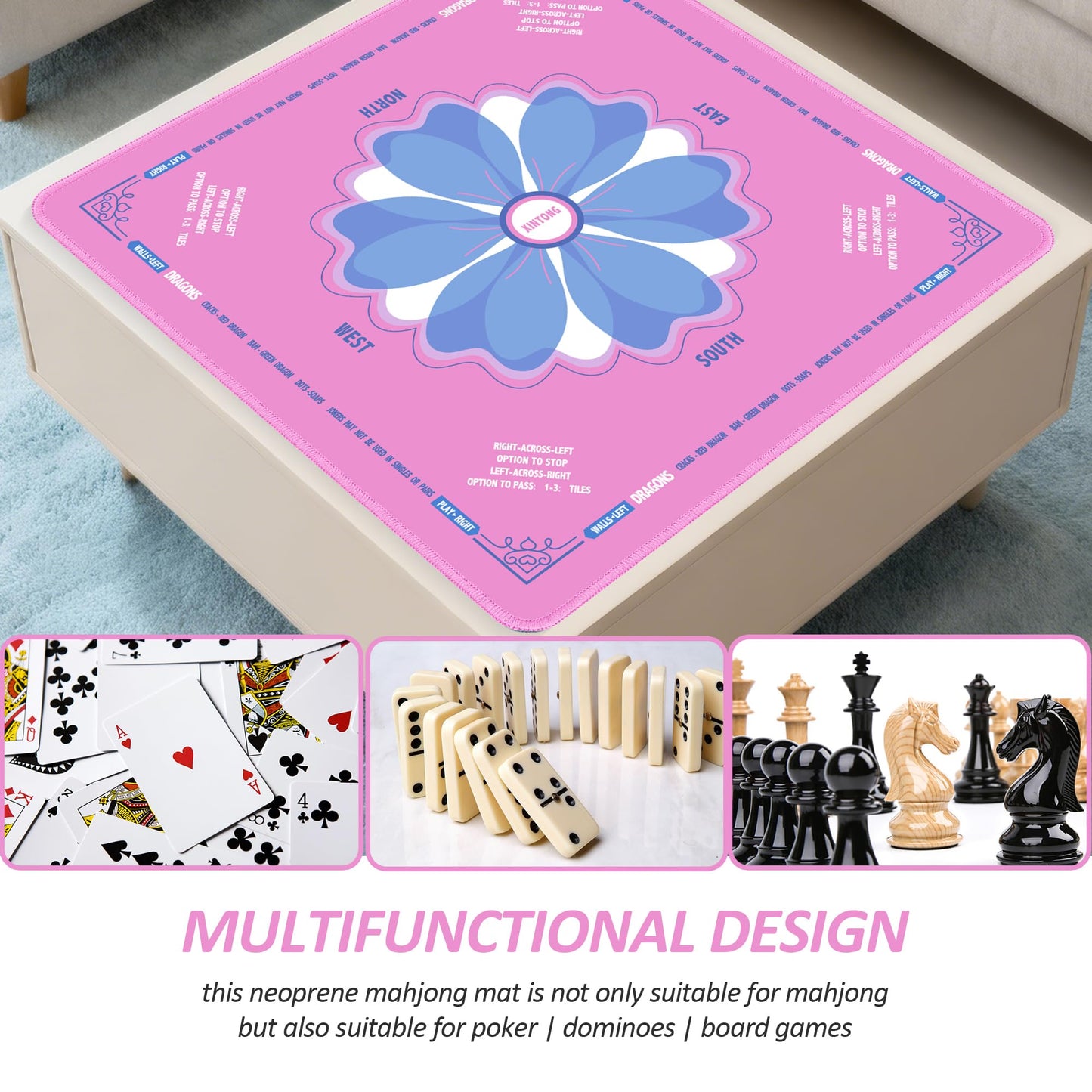 XINTONG Mahjong Mat 32x32 inches in Pink – Anti-Slip, Noise Reduction, Waterproof, Wrinkle-Free