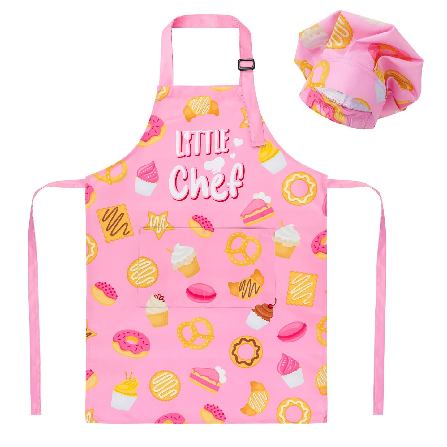 XLSXEXCL Little Chef Kids Apron & Hat Set – Adjustable, 2 Pockets, Pink