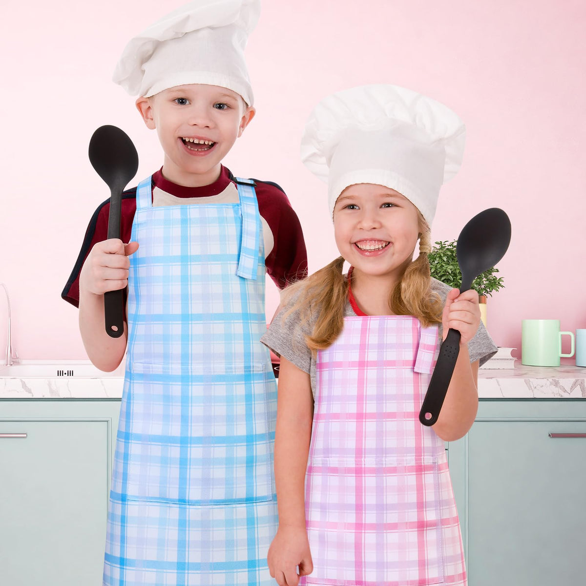 XLSXEXCL 2 Pack Toddler Aprons – Plaid Powder Pink & Blue | Adjustable Kids Chef & Art Smocks (Ages 6–12)