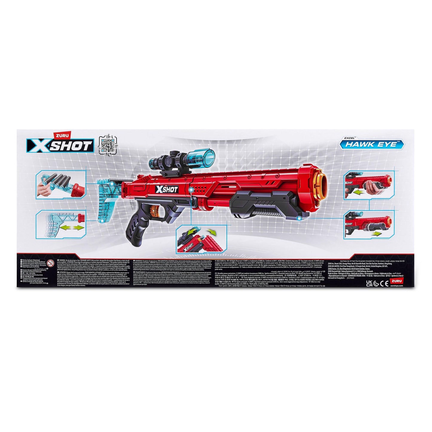 ZURU X-Shot Excel Hawk Eye Foam Dart Blaster (Red) — Long-Range Nerf-Style Toy with Scope, Grip, and 16 Darts