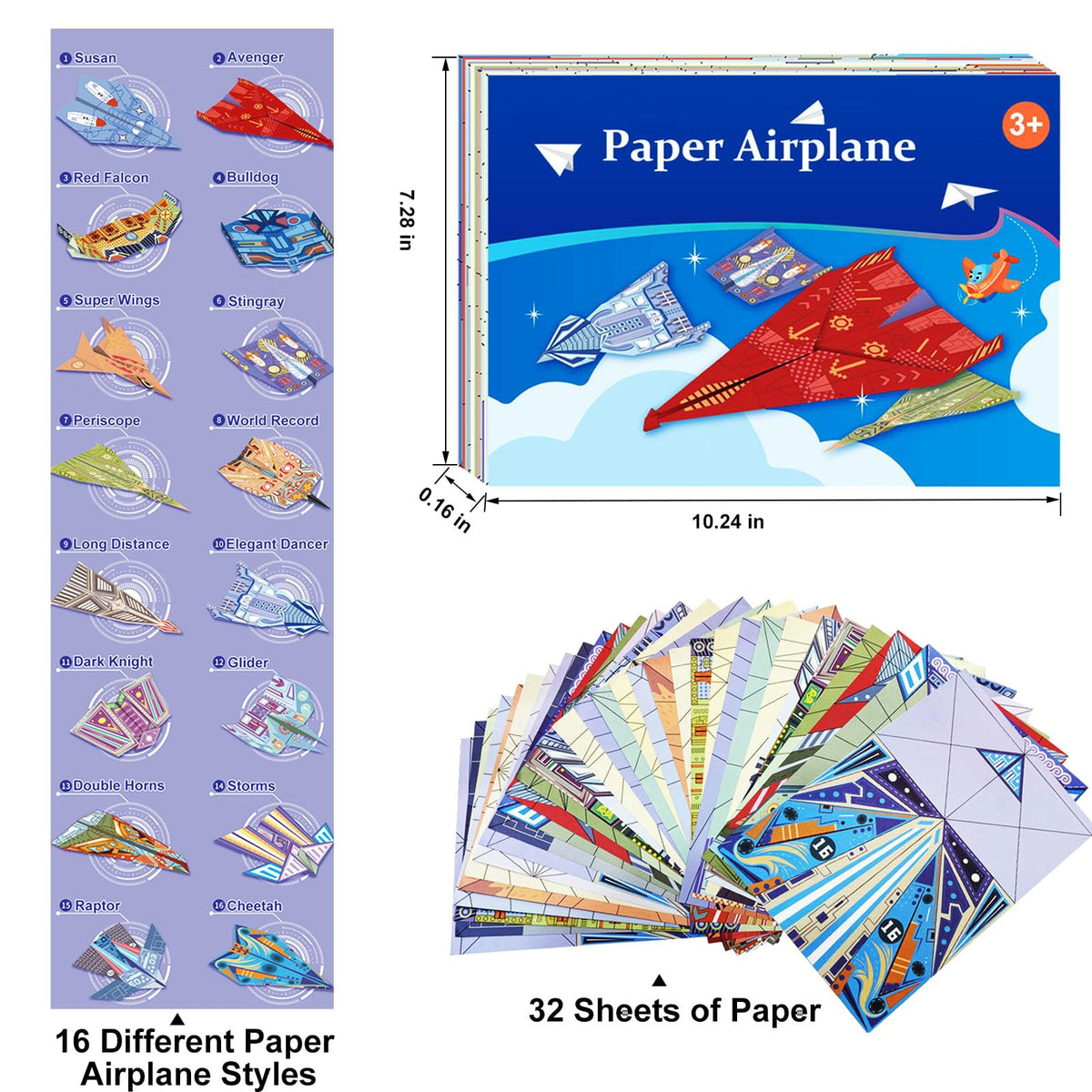 Xuoent Paper Airplane Kit: 16 Classic Designs + 32 Origami Papers | Digital Manual Included