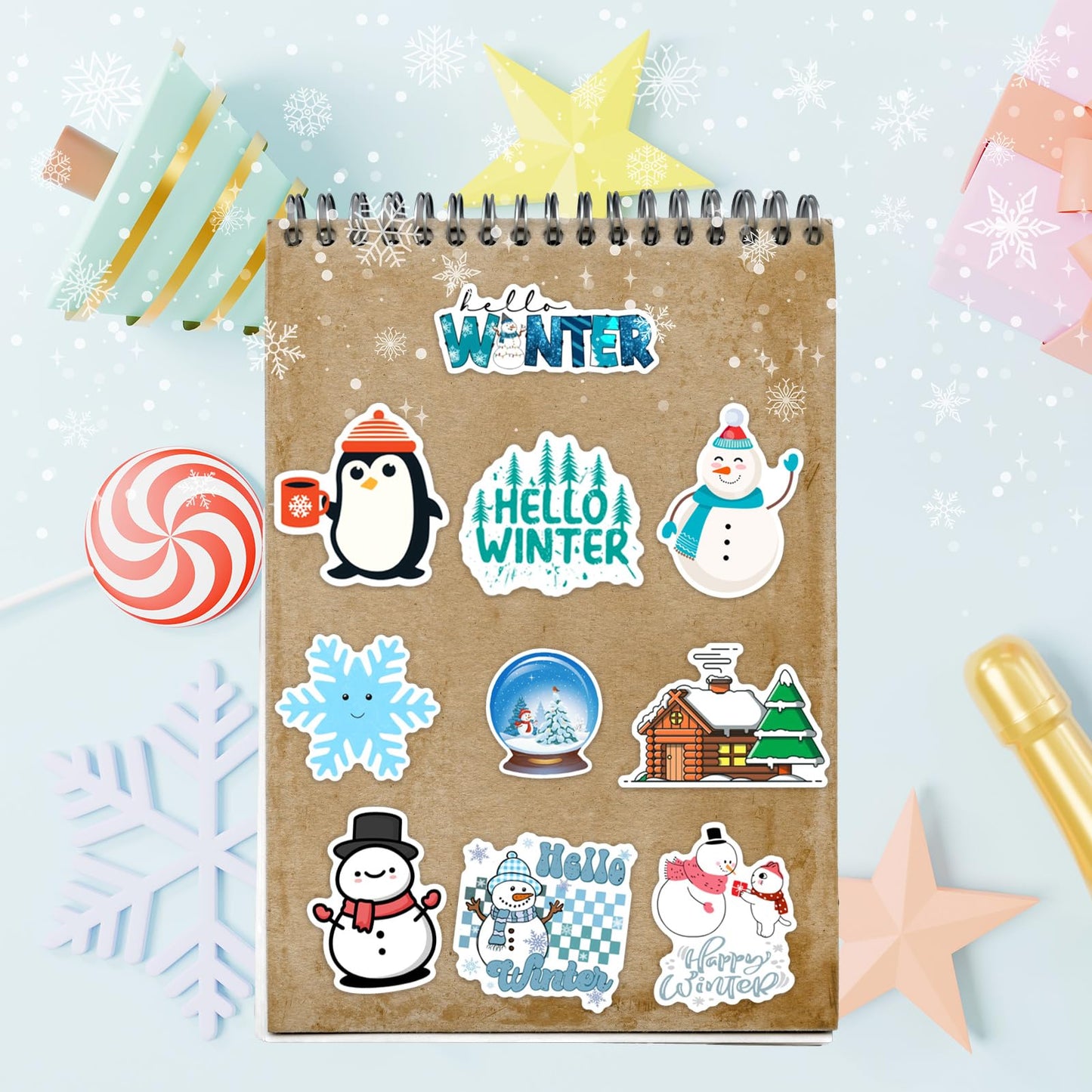 XZENTIRA 103 PCS Winter Stickers for Kids – Waterproof Snowman, Penguin & Snowflake Vinyl Decals