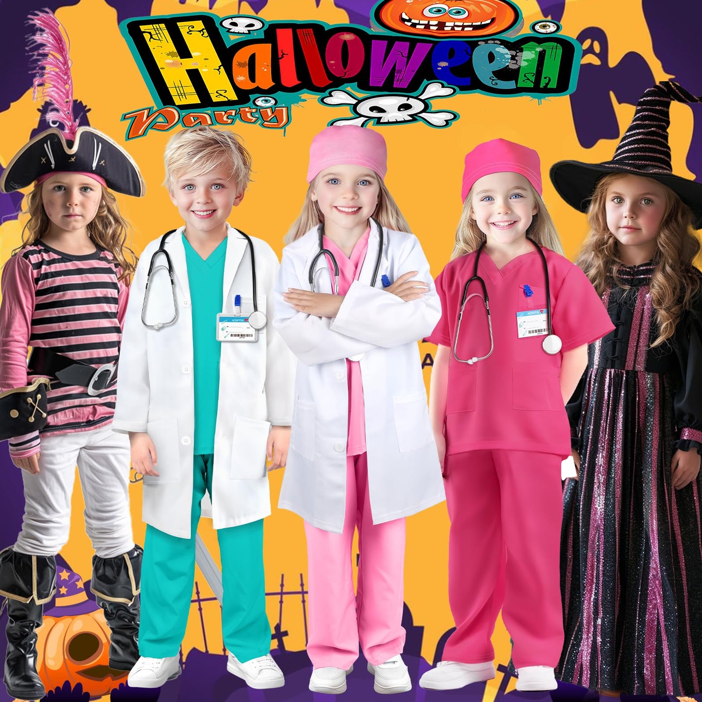 YADIYA Kids Doctor Costume Set with Real Stethoscope – Scrubs, Lab Coat & Mask (Ages 3-12)