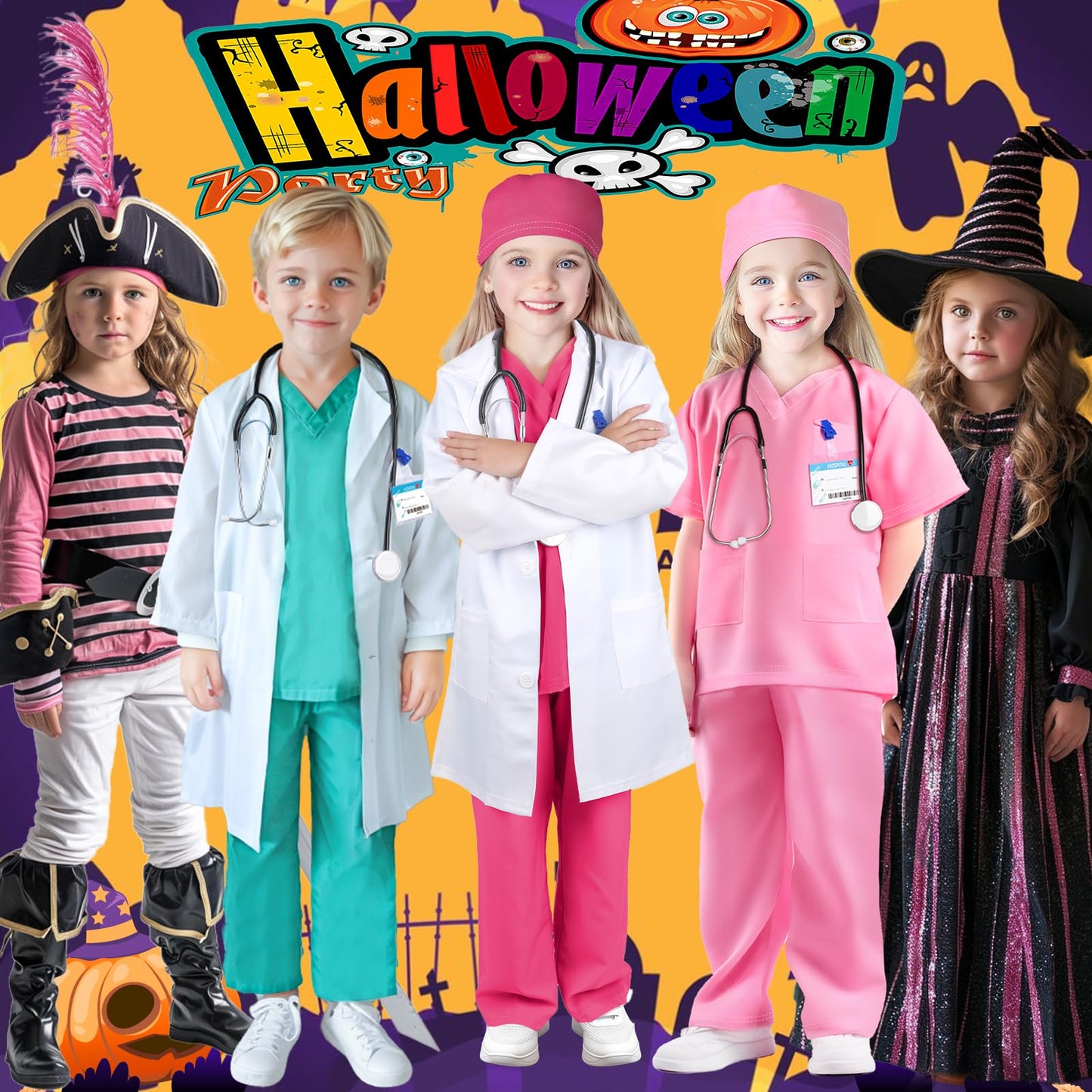 YADIYA Doctor Costume for Kids – Scrubs, Real Stethoscope & Lab Coat (Ages 3-12)