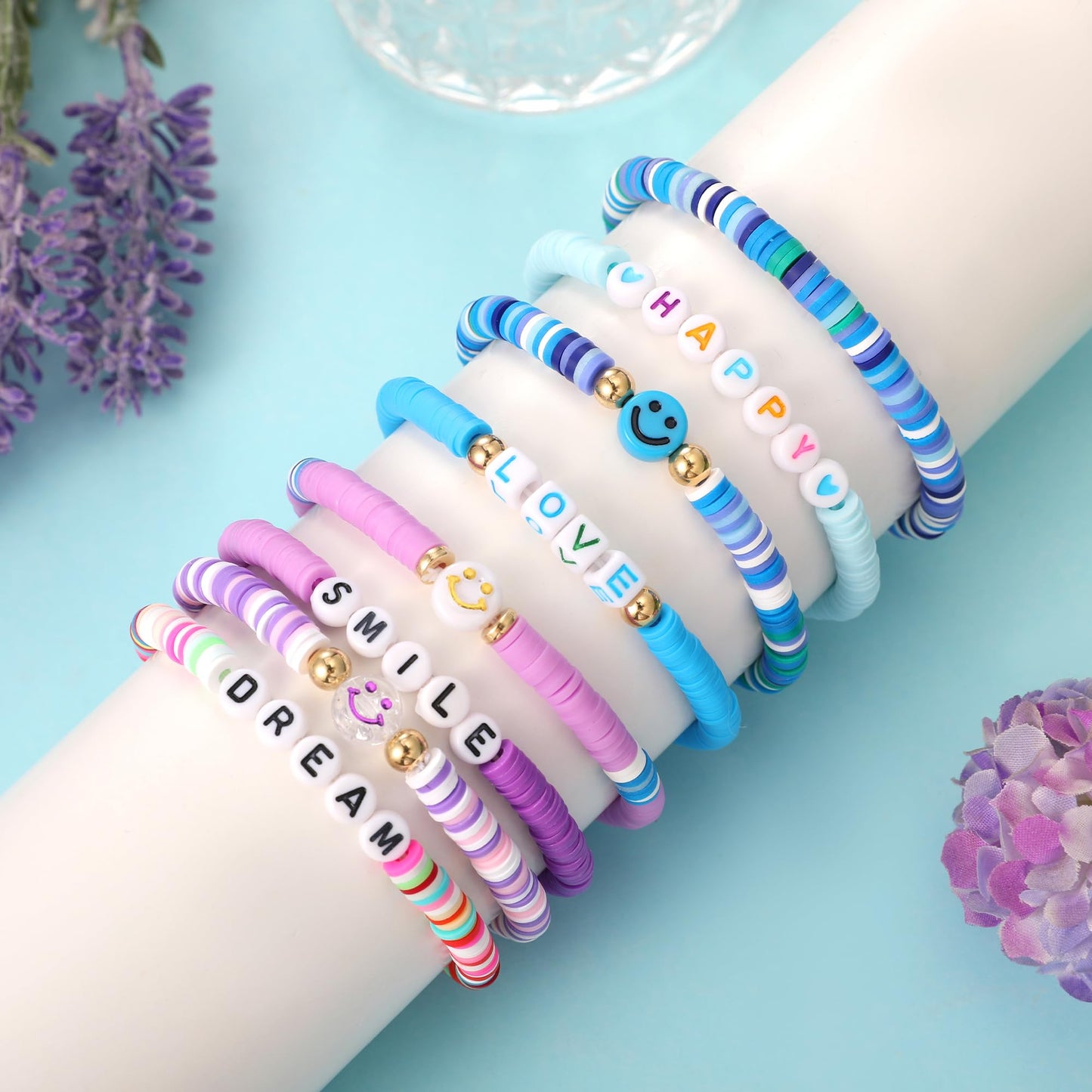 YALASOBA Colorful Smile Heart Star Bracelets Set – Purple | 8-Piece Y2K Kidcore Polymer Clay Beaded Jewelry