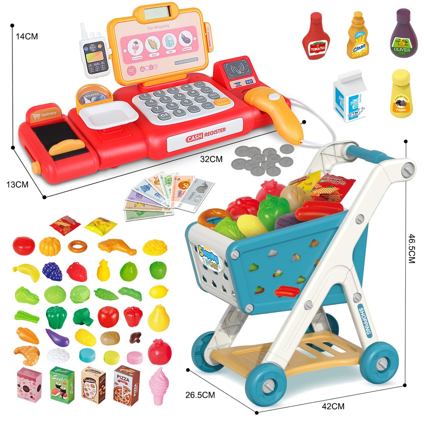Yalujumb Kids Shopping Cart Play Set | Pretend Cash Register & Food Accessories for 3+