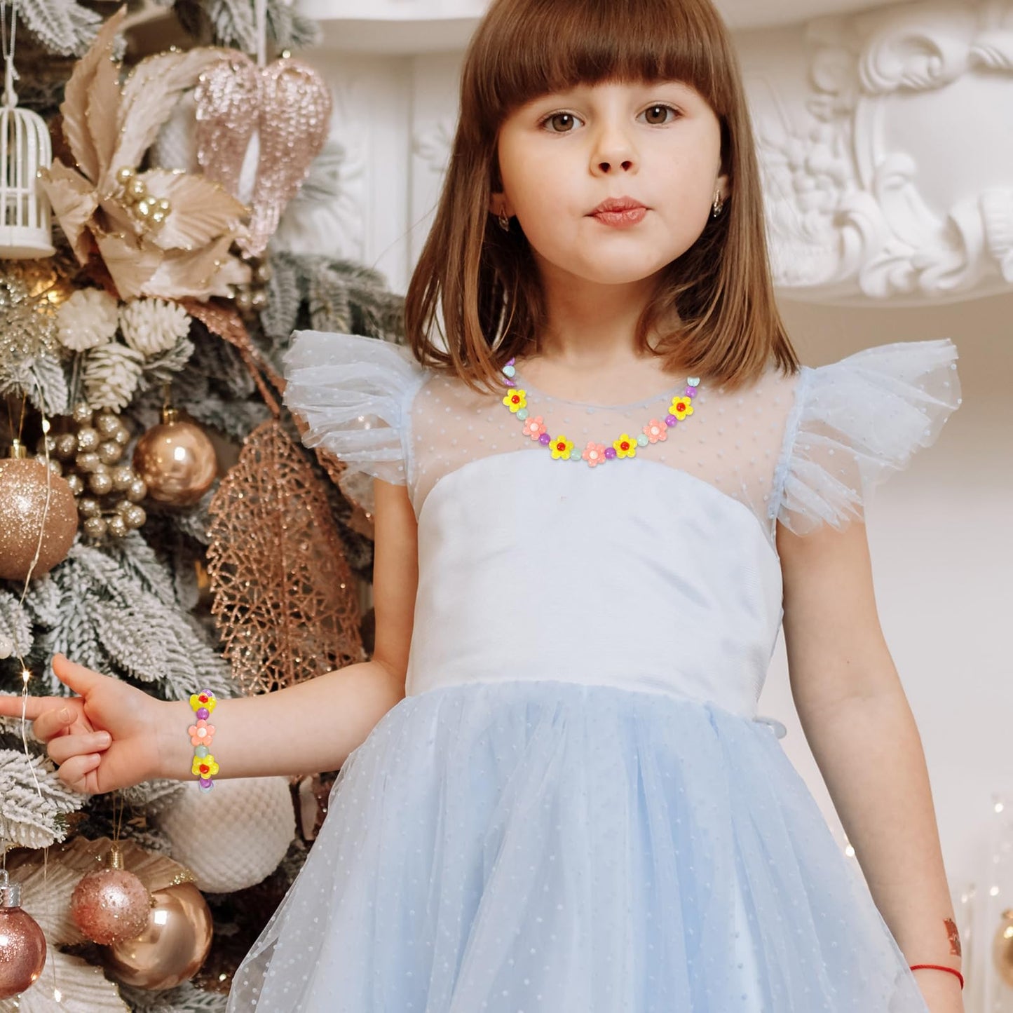 Yarkeuier Girls Jewelry Set – Flower Necklace & Bracelet for Toddlers (Yellow)