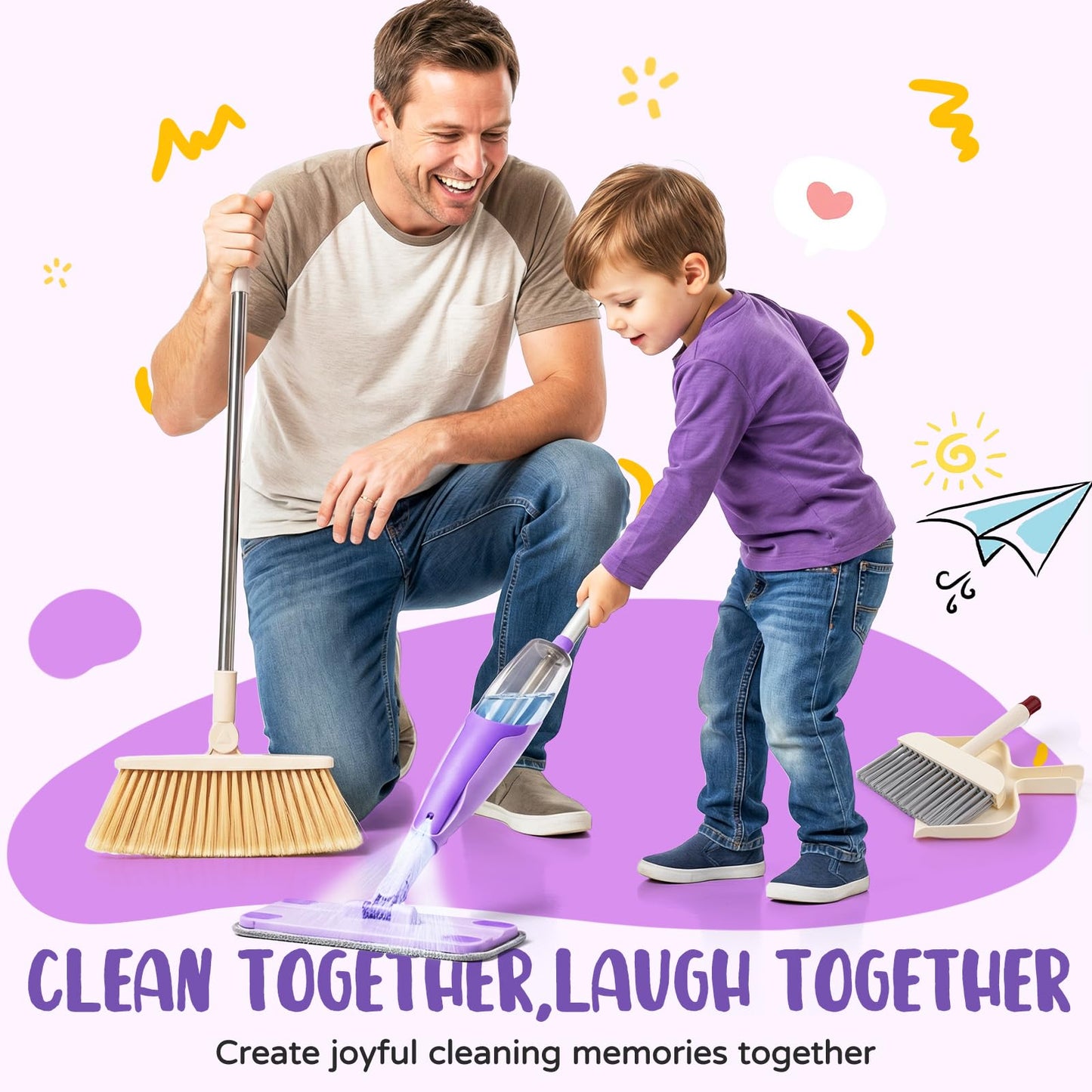 Yeeammk Kids Cleaning Toy Set - Purple Mini Spray Mop & Broom for Toddlers