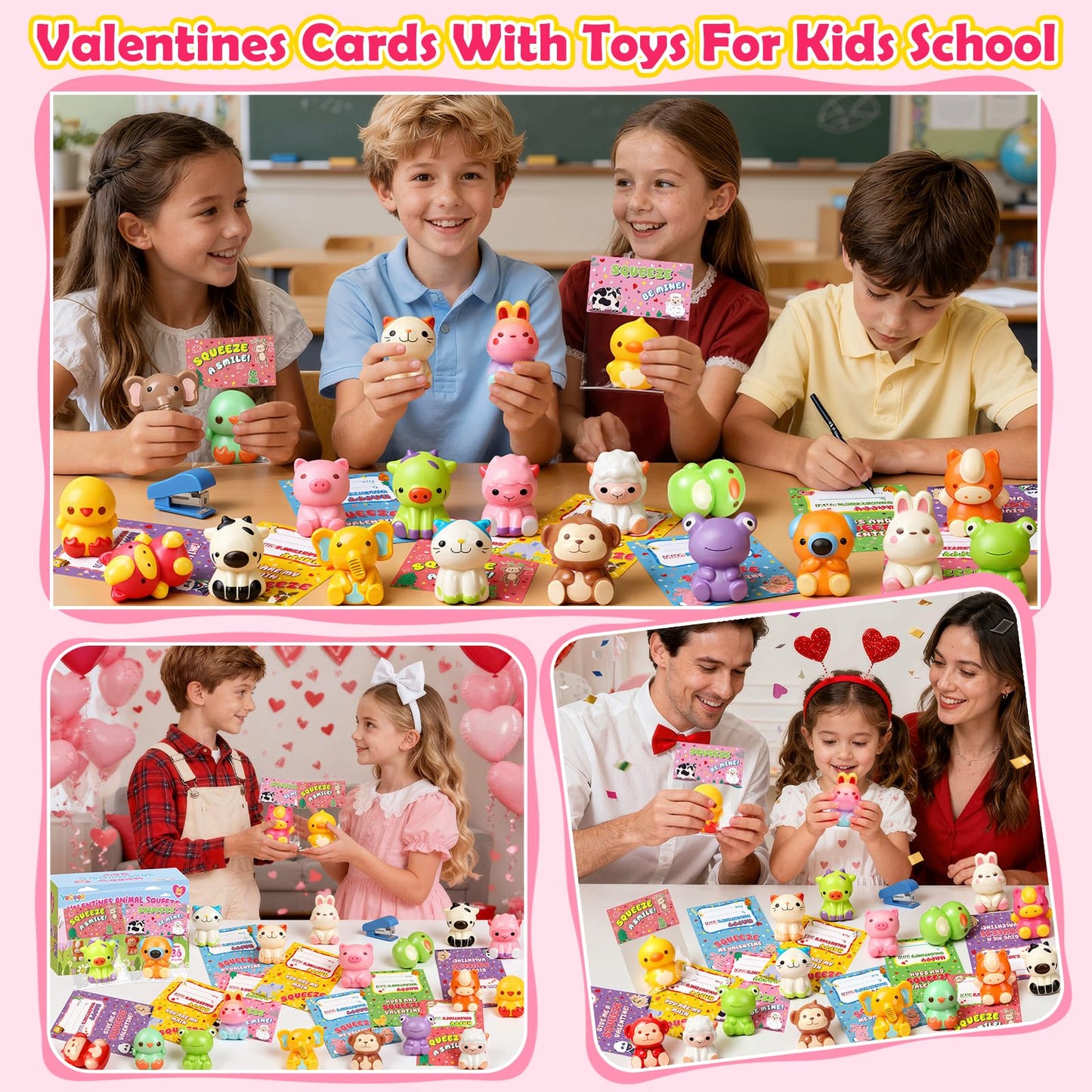 YEGEER Valentines Day Cards for Kids – 24 Pack with Slow-Rise Animal Toys for Classroom Exchanges