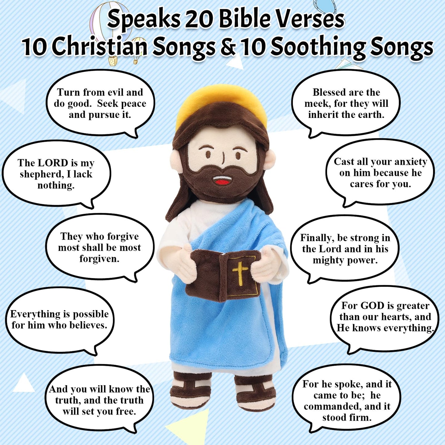 Yelakey Jesus Plush Talking Doll with Halo – 13.4 inch Interactive Bible Verse Plush for Kids