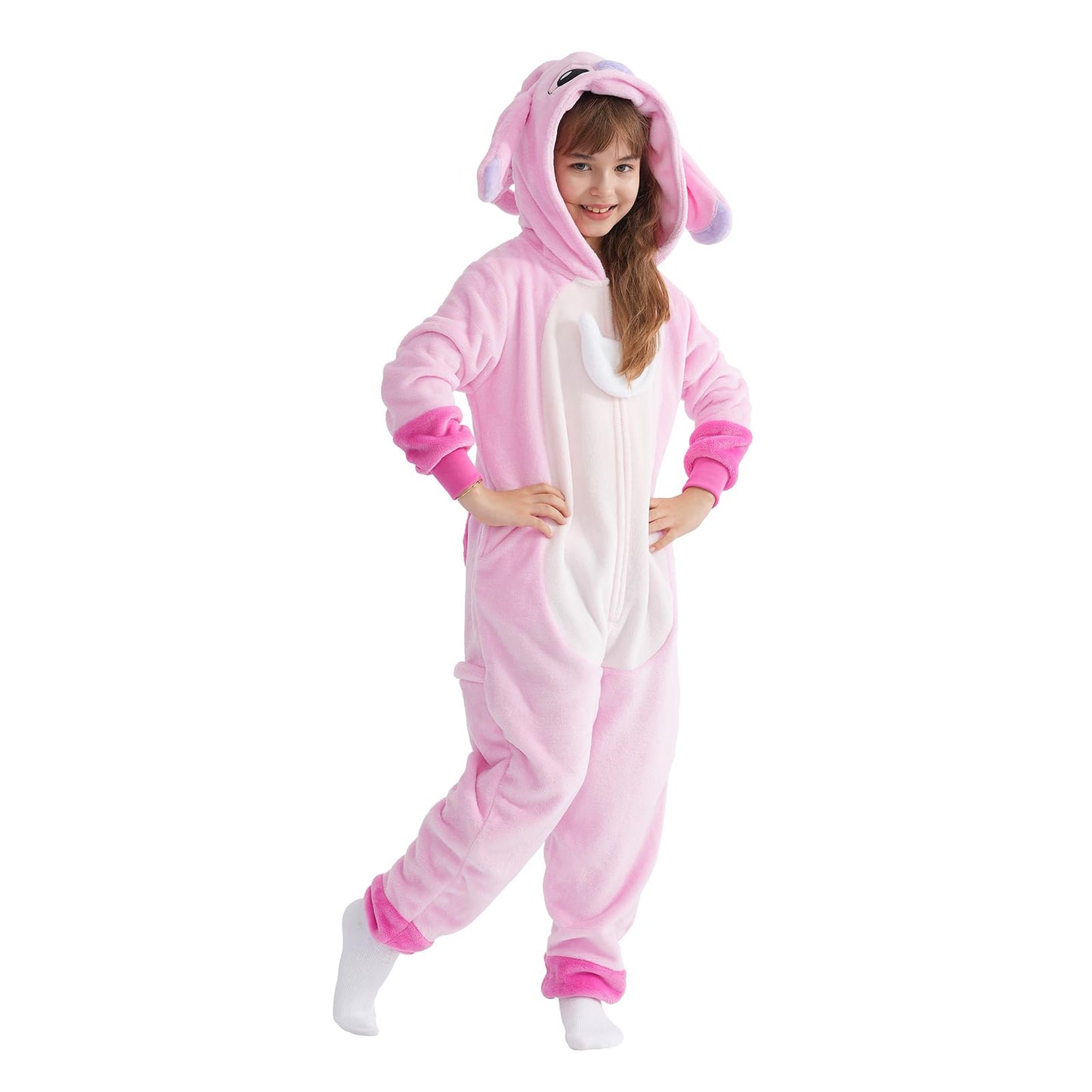 Yemnut Kids Flannel Cosplay Onesie – Halloween & Christmas Unisex Costume (Pink Stitch, 10 Years)
