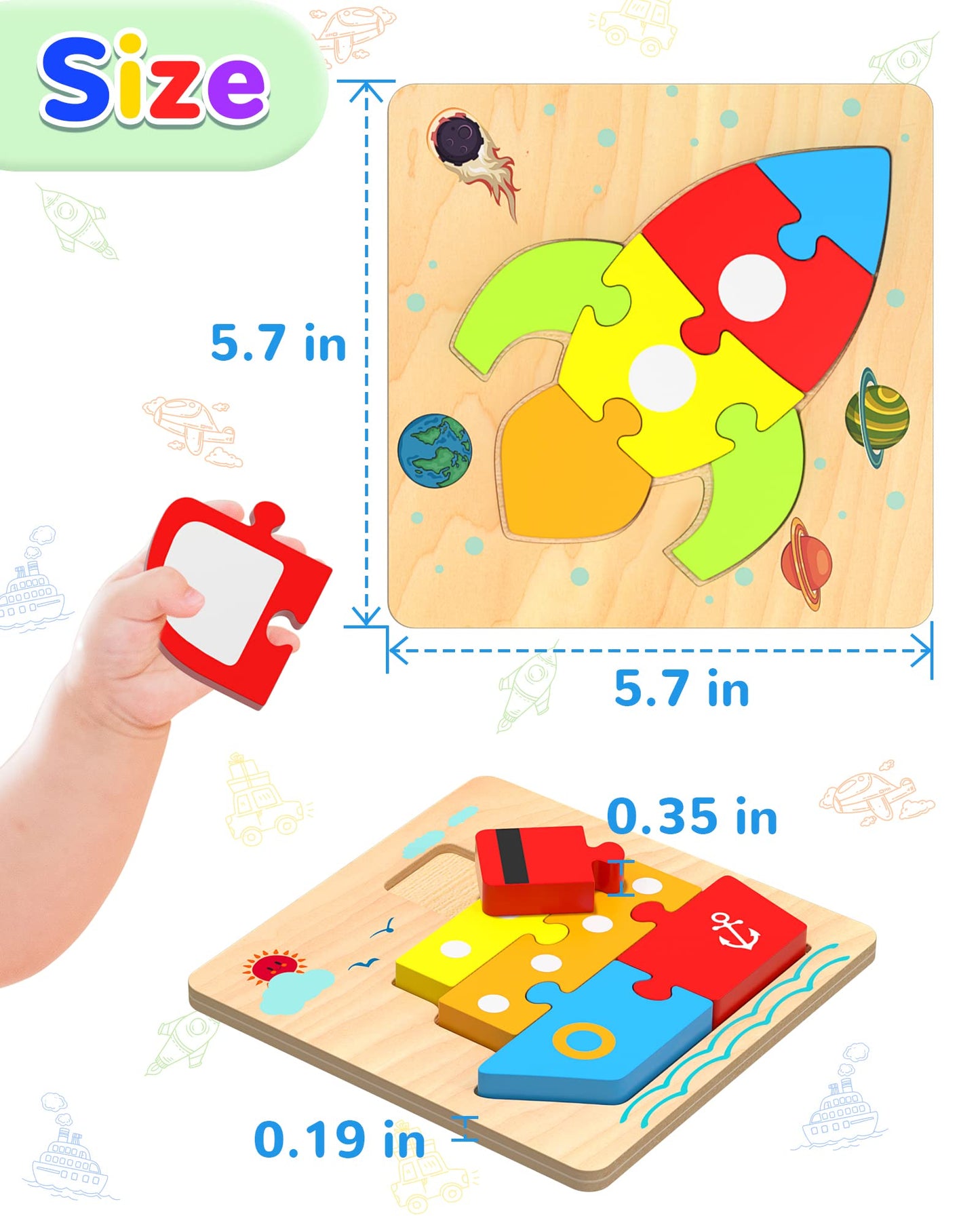 Yetonamr Wooden Toddler Puzzles – 6 Vehicle Shape Montessori Toys for Ages 1-3