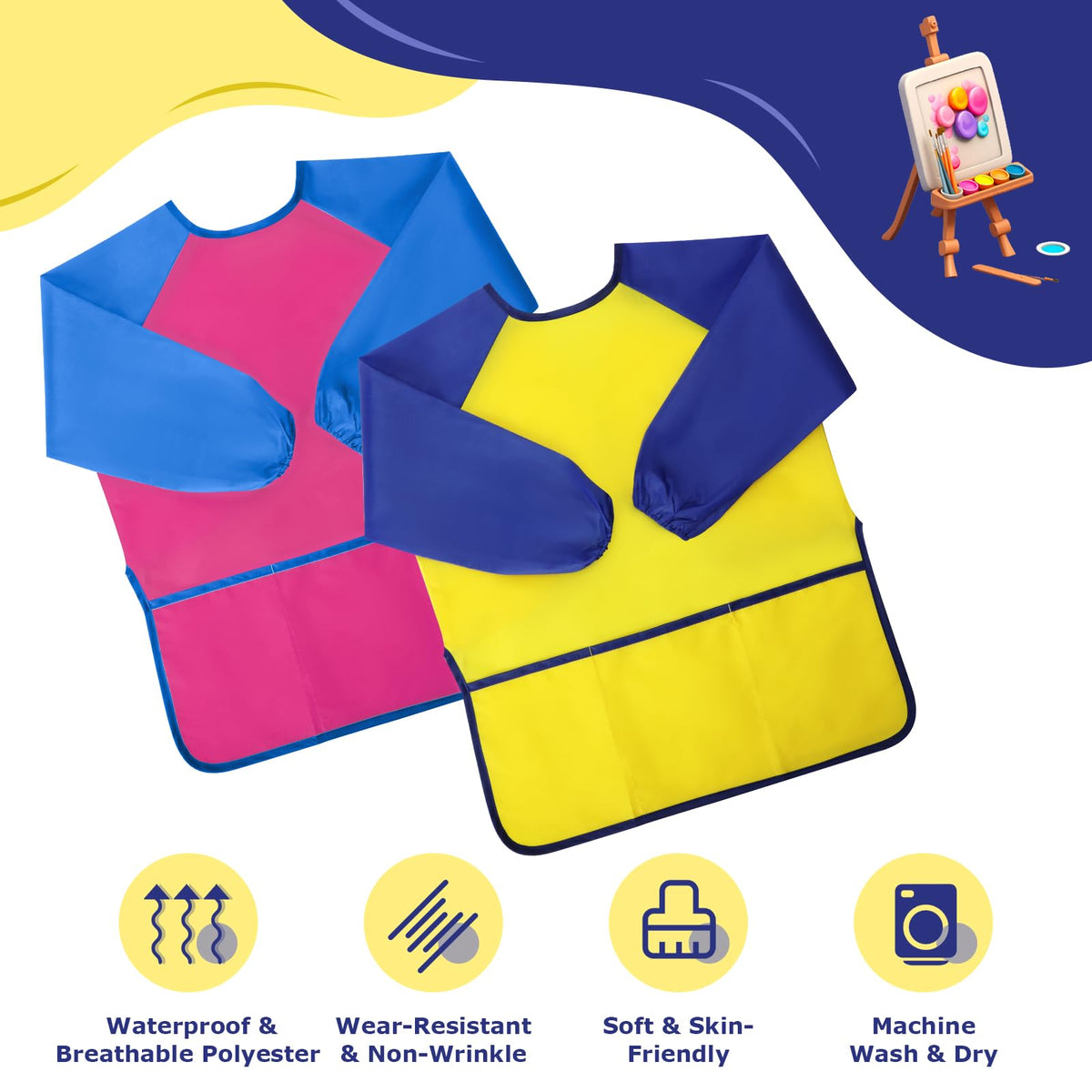 Yeunmu Kids Painting Apron 2 Pack – Waterproof Toddler Art Smocks for Ages 2-8 with Long Sleeves & 3 Pockets
