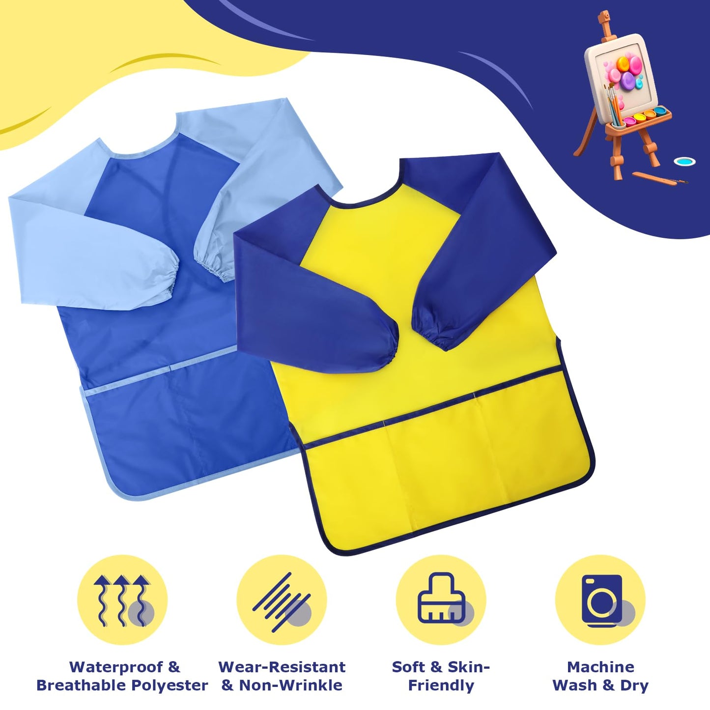 Yeunmu Kids Painting Apron 2 Pack – Waterproof Toddler Art Smocks for Ages 2-8 with Long Sleeves & 3 Pockets