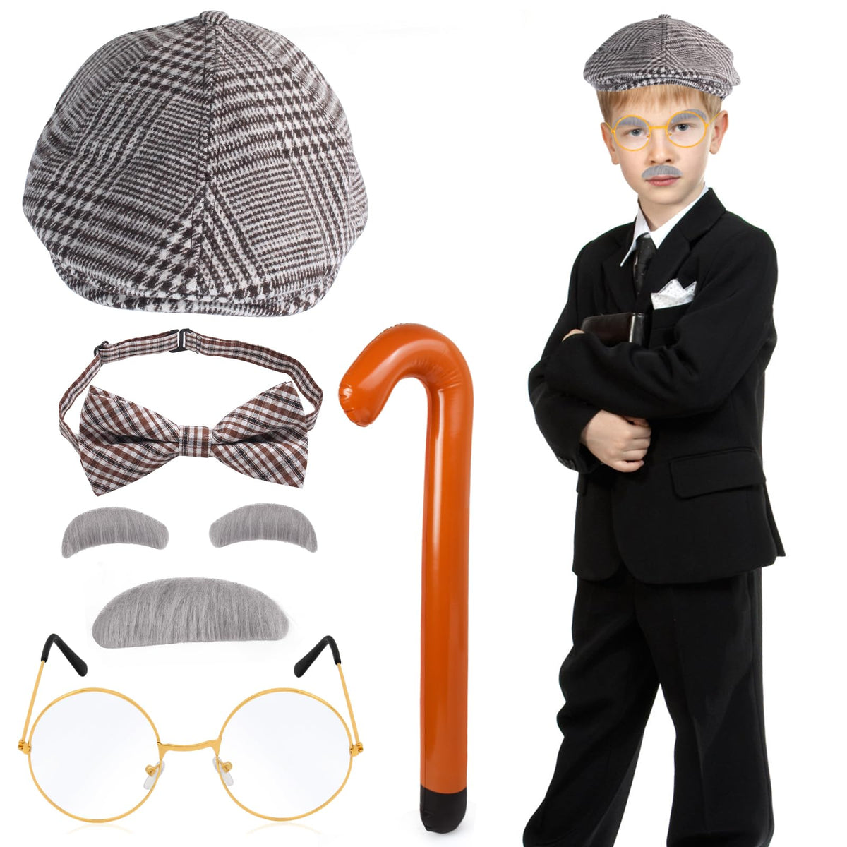 Yewong Kids Old Man Costume Set — Beret, Glasses, Inflatable Cane & More