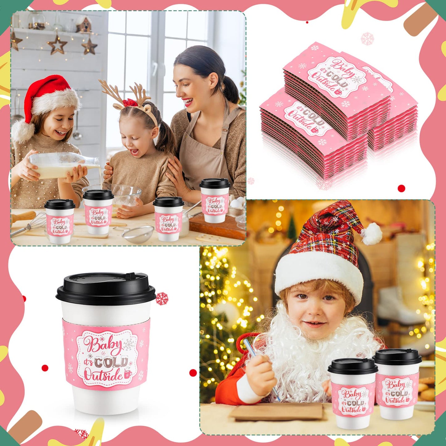 Yexiya 60 Pieces Christmas Cup Sleeves – Baby It's Cold Outside (Pink & Silver) for 12oz/16oz Cups
