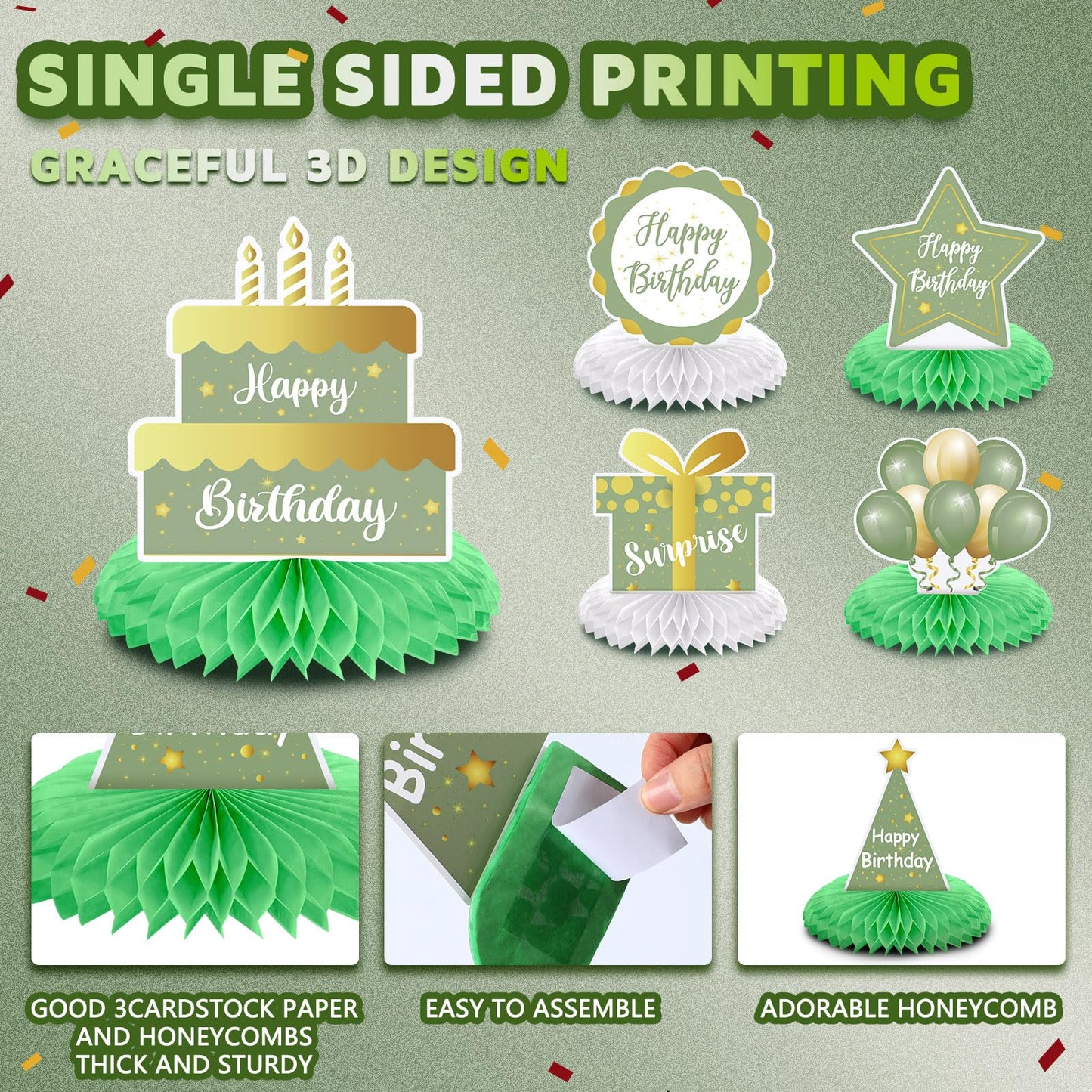 Yexiya 8 Pcs Sage Green Birthday Centerpieces – Happy Birthday Honeycomb Table Toppers