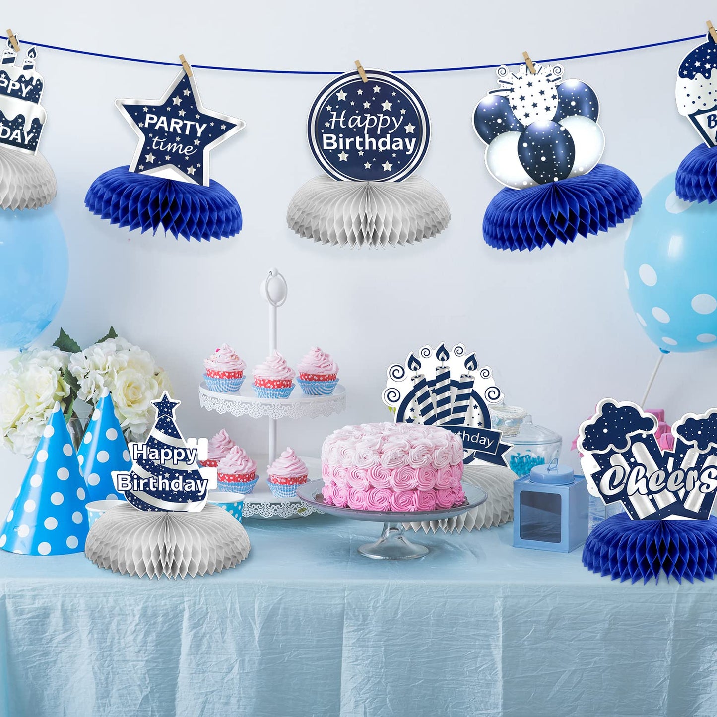 Yexiya 9 Pieces Happy Birthday Centerpieces – Blue & Silver Honeycomb Table Decor